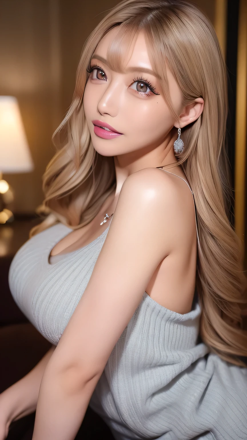 Realistic pictures, (((top quality, 8k, masterpiece: 1.3)), 1 girl, beauty with highlighted constriction: 1.3, (random hairstyle: 1.2), super detailed face, detail eyes, double eyelids, armpits, blue eyes, blonde, smile, night city, gas lamp, elegant outfit, open_cloths, gigantic breast,