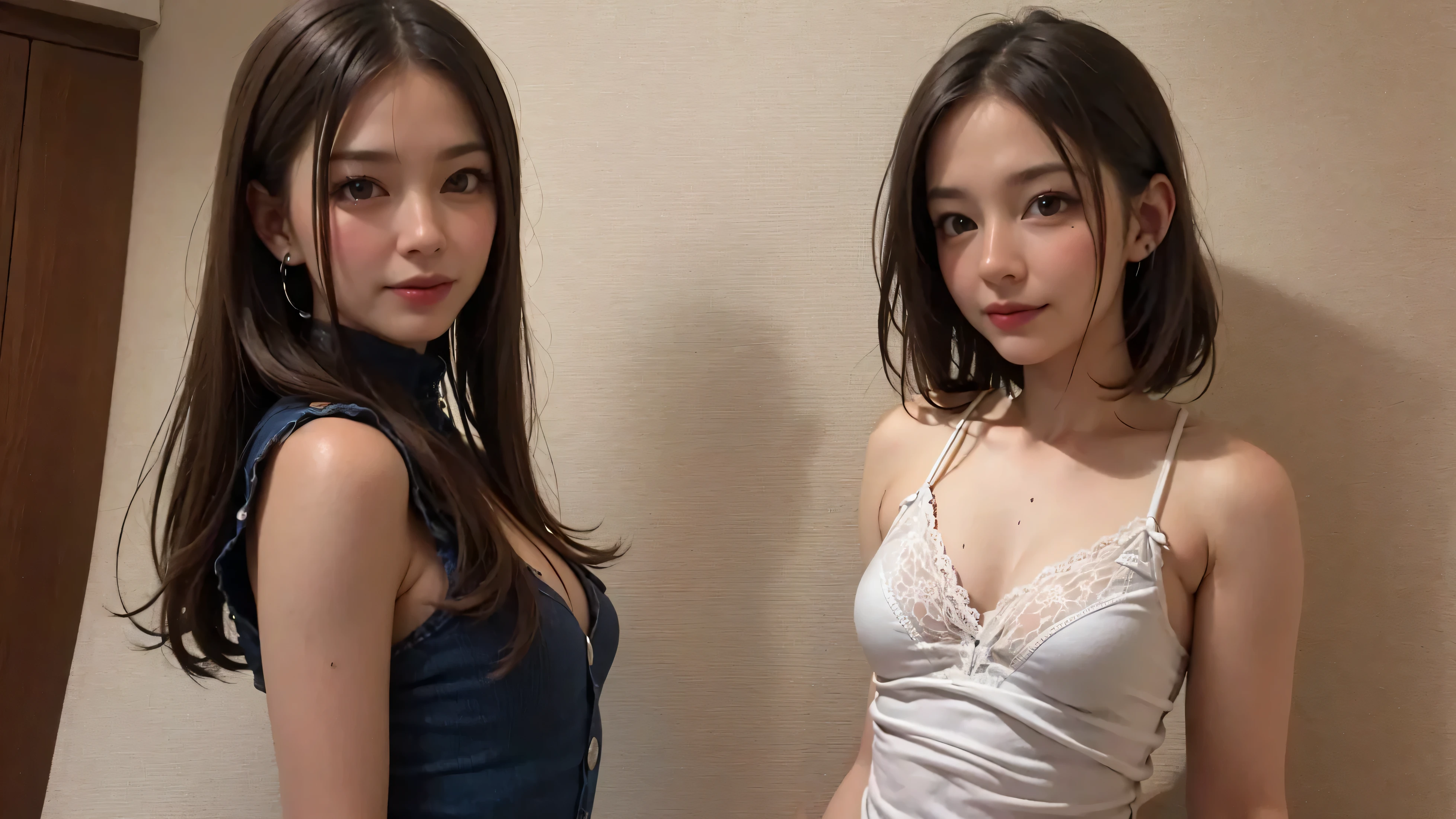 (msterpiece:1.3), (8k, RAW photo, best quality: 1.4), beautiful face, beautiful hairstyle, beautiful detailed eyes, beautiful skin, ultra high res, highly detailed,NSFW, 3 girls in abandoned underground prison cell, big breast,facial close up,necklace,arms behind back,evil smile,knife,light long hair, ultra detailed skin,Heavy makeup, flower hairpin, naked,colorful patterned lace dress,half body,muddy ground,