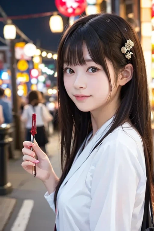 masutepiece, Best Quality, 8K, 15yo student, Teen, Raw photo, absurderes, award winning portrait, Smile, Smile, Solo, Night, neons, Idol face, violaceaess, gardeniass, Delicate girl, Upper body, Digital SLR, Looking at Viewer, Candid, Sophisticated, zora々Right, Thin arms, Professional Lighting, Film grain, chromatic abberation, (Eyes and faces with detailed:1.0), (Bokeh:1.1)