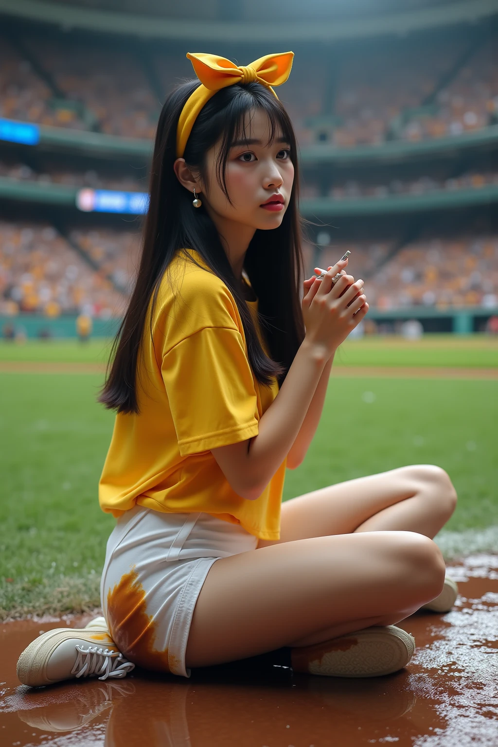 one person、High resolution、smile、High resolution、masterpiece、Anatomically correct、Person Portrait、Background blur、Super Real Photo、High resolution、Dramatic image、Harajuku casual fashion、dynamic、The perspective of the shot is quite far away、Capture the whole subject。Capture the whole subject、Beautiful decoration、Sitting cross-legged、Sitting background:Football Stadium