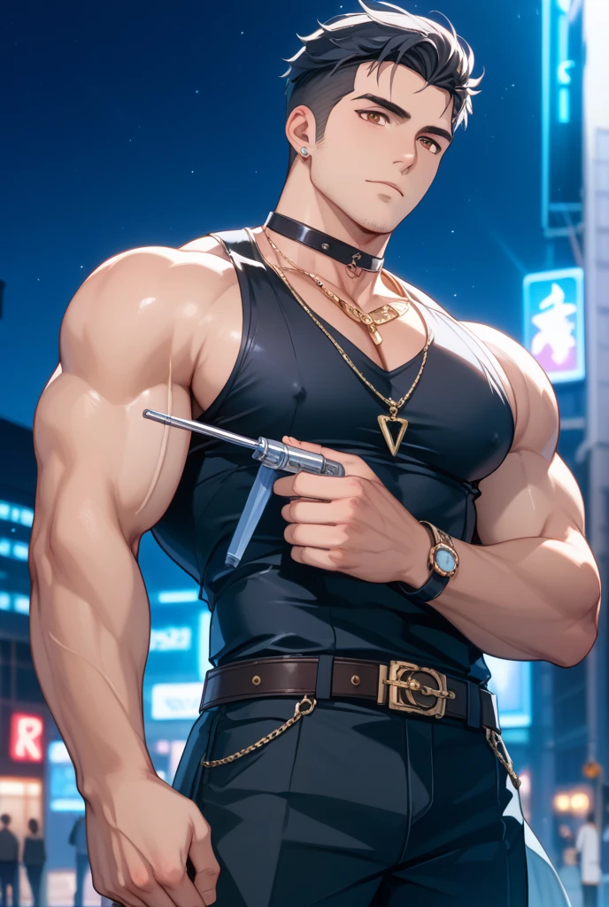 Young man, short blond hair, handsome face, tired expression, green eyes, large muscles, hyper pectoral, thick thigh, large butt. He's wearing a low-cut tank top, black pants, a backwards hat, and a silver chain around his neck, Big bulge. Scenery, party at night.