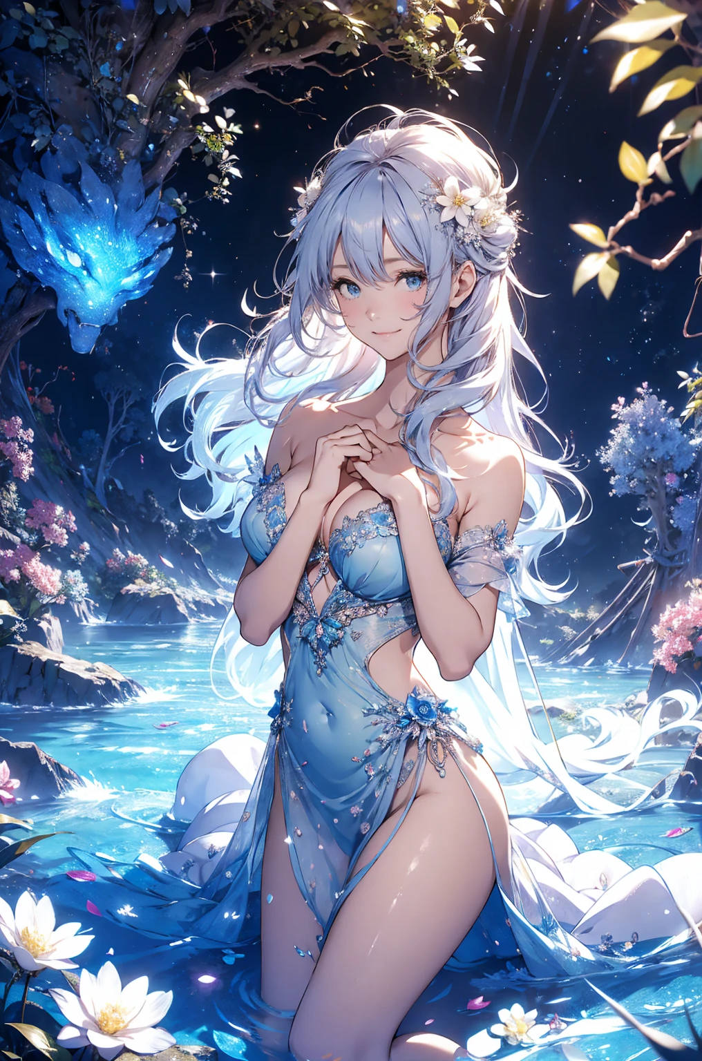 (Best quality:1.1), (Masterpiece:1.4), dutch angle, 1fille, full body, (Water Fairy), cheveux bleu clair, ((petit corps)), Yeux bleu azur, embarrassed smile, ((toute petite poitrine)), (gracieuse), Sunny white transparent dress, Golden lyre, cordes rougeoyantes, Jouer de la musique, Fantastic forest in the background, The fairy walks in the lake at night,