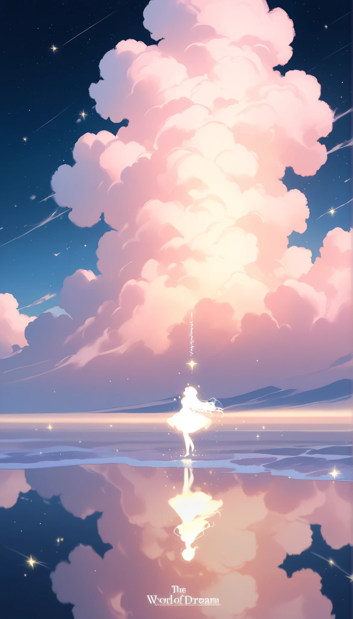 A dreamy, surreal fantasy world where two silhouettes embrace in the wind, surrounded by glowing stars and shimmering clouds. The background is in soft pastel tones, blending the sky and sea into an endless horizon. Magical lights and sparkling stardust particles float around the figures, captured in a dreamy pose. The title 'In the World of Dreams' appears in elegant, glowing lettering that reflects in the stars. The mood is romantic, mystical, and hopeful