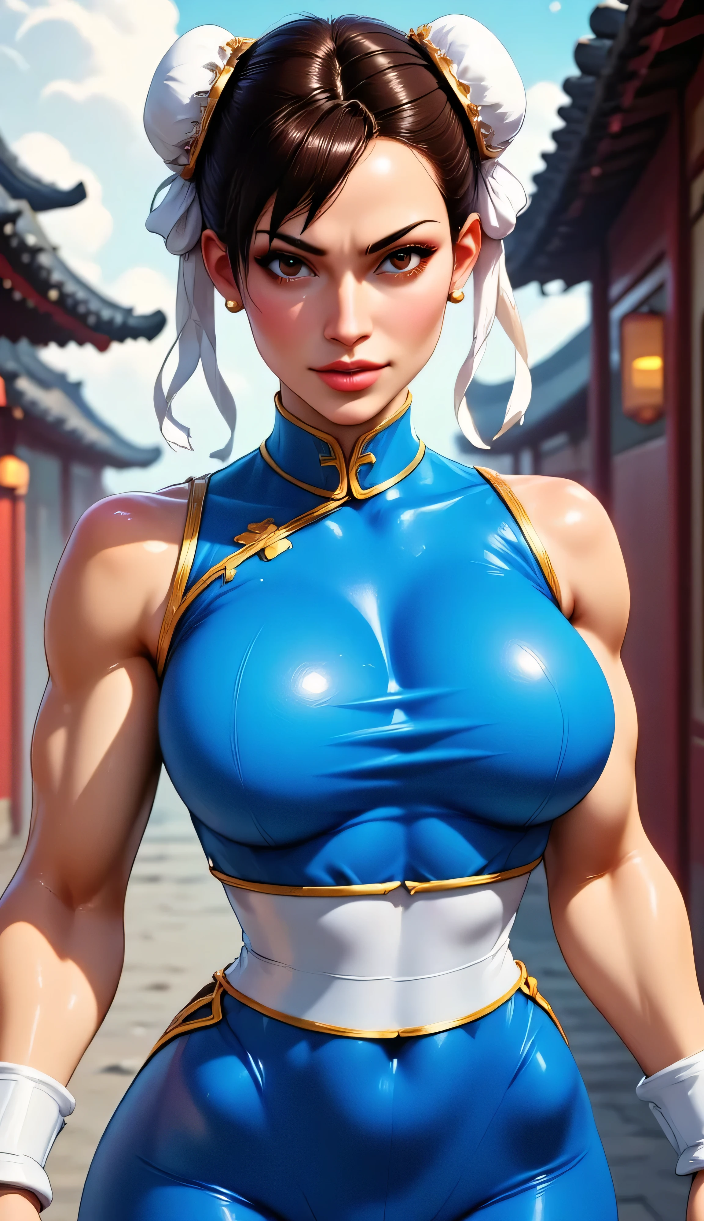 A hyper-realistic close-up portrait of Chun-Li from Street Fighter, framed from mid-torso up, with both hands completely out of frame. She wears her classic blue qipao with gold trim and white waistband, with high-cut sides just barely visible. Her muscular shoulders and upper arms are shown, but no hands or forearms. Her brown hair is styled in twin ‘ox horn’ buns wrapped in white ribbons. She has a confident, focused expression, with realistic East Asian facial features, smooth skin, and intense eyes. Background is softly blurred, resembling a traditional Chinese courtyard. Photorealistic rendering, cinematic lighting, shallow depth of field, 50mm lens look, ultra high resolution
