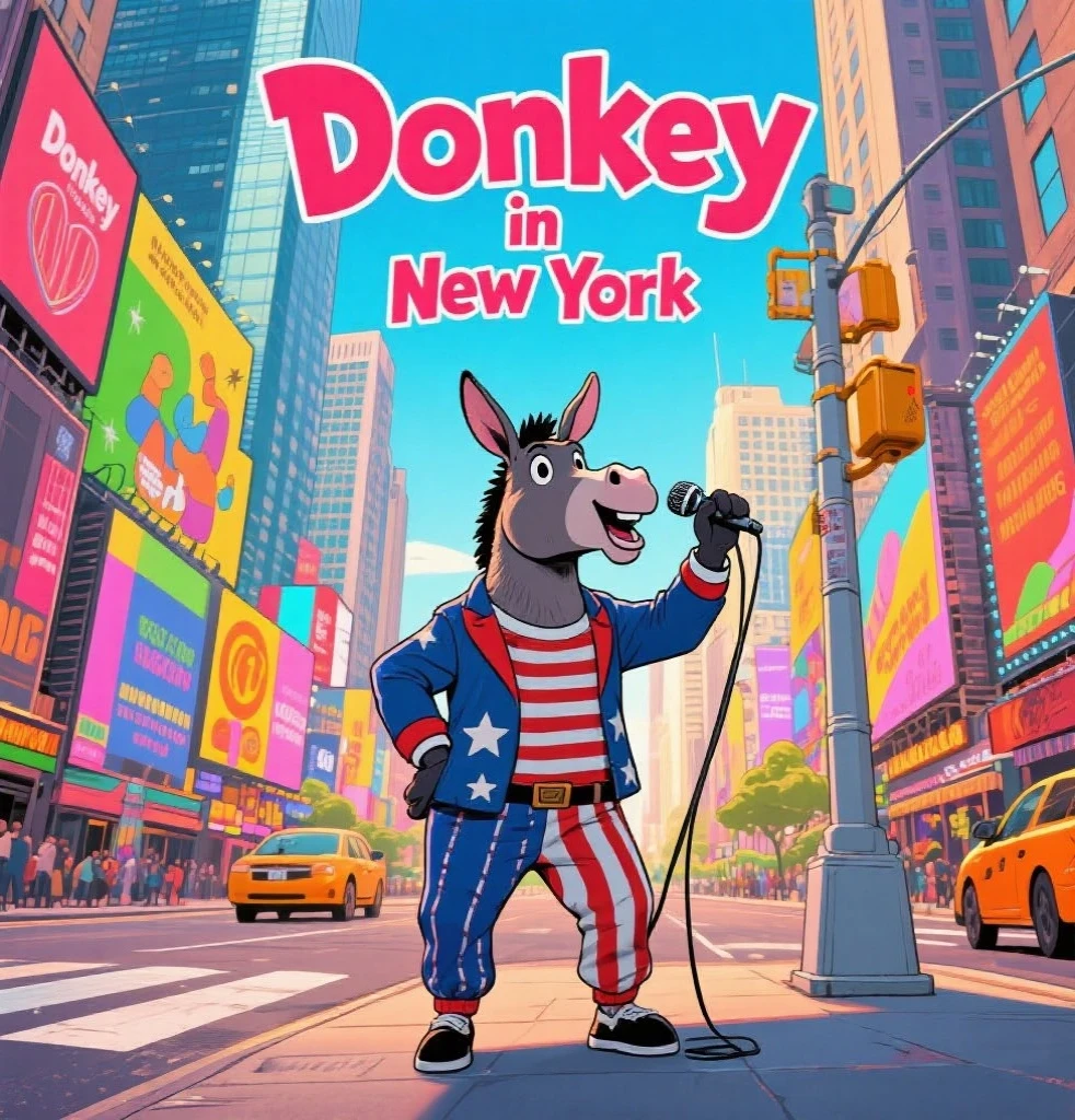 Cartoon of a donkey super-hero holding a sign that says "Donkey Man", hyper-detailed, masterpiece