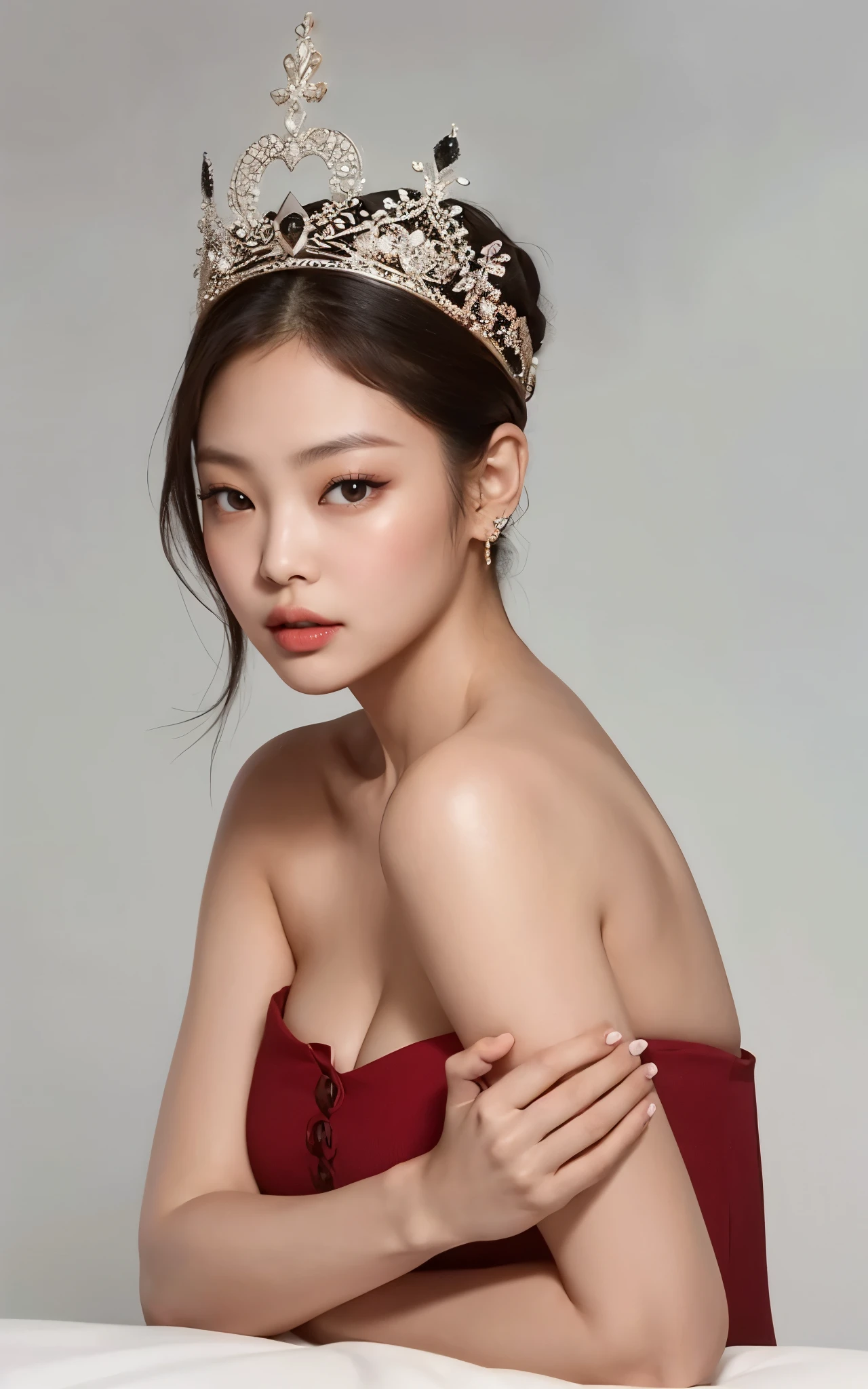 Seoul, 1982, A young korean beautiful girl, 20-year-old, sexy girl, strikingly beautiful, black hair, big breasts, delicate facial features, porcelain skin, red lips, expressive eyes, ((awe and joy expression)),(golden tiara, earrings), miss korea, (Miss Korea light-blue one-piece Swimsuit), wearing miss korea sash, ((hairstyle of the 1980s)),((pin up style)), pastel background, full body,