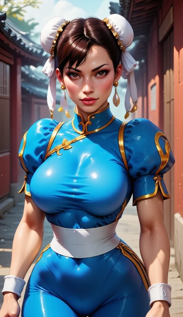 ((Chun li)), 1 Girl with short black hair, blue eyes, perfect face, voluminous body and slightly thin hips, she is in an amusement park alone, ((perfect body)), ((work of art)) , ((best quality)), (detailed)