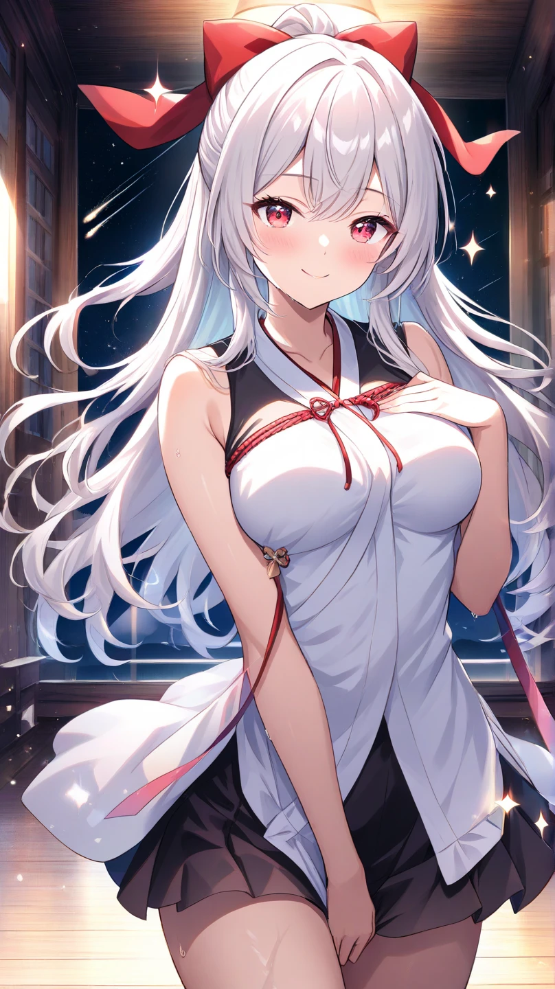 detailed, dense, masterpiece, A girl, Beautiful big breasts, Wearing a white cardigan, permanent,Standing by the bed,With blanket, white hair, 16 years old, Light and smooth skin, Light skin, Shiny Hair, Clear eyes, Light's eyes,blue eyes, Light pink lips, (Audience looking down: 0. 8) Smile, Cheeks dyed red, Very shy, open mouth, By Bangs, White sleeves, White coat, A girl, soft skin,Large cleavage, Light skin, Light, Rich Light, room Lighting, Simple gold necklace, Diamond necklace, white lace bra, White lace, white lace underwear, High Angle, Low Angle, (masterpiece: 1.0), (Practical: 1.6), (Soft Focus: 1.5),black,