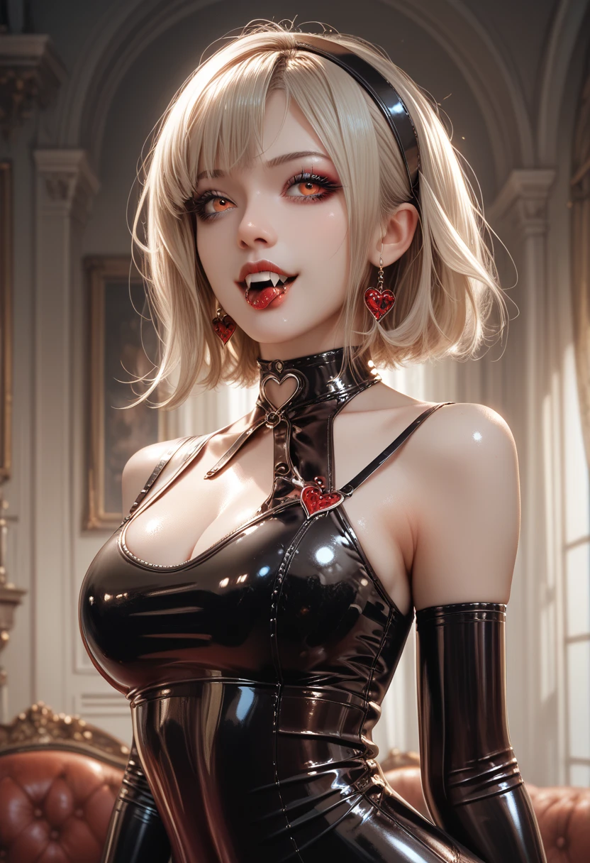 one girl、unparalleled beauty、cute face、red face、fine eyes、(((vampire、deep red eyes、black lips、No expression)))、dark fantasy、Drifting eroticism、blonde、classy dress、small breasts、ancient capital、dark drawing room、luxurious ornaments、dark lighting、dark lighting、masterpiece、highest quality、super resolution、best image quality、Super detailed、