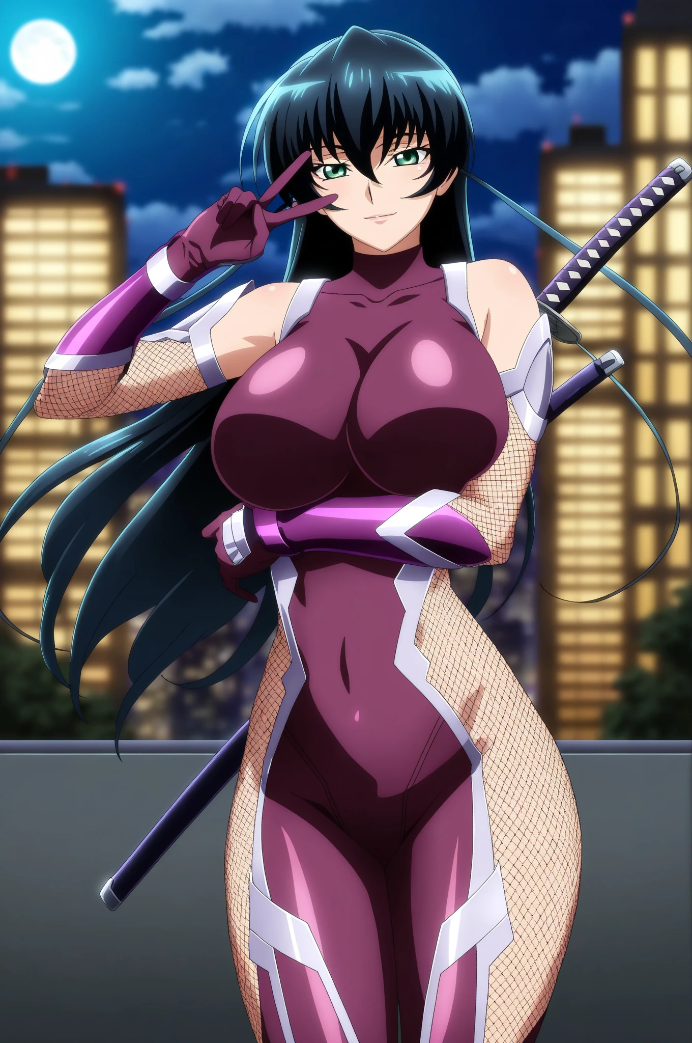 (masterpiece, best quality, high resolution, 8k:1.2), (anime), Asagi, (beautifully detailed eyes:1.2), highly detailed face, Long Hair,Blue Hair, Hair between the eyes,Thin, Side Lock, Purple eyes, View your viewers,(purple bodysuit, bare shoulders, elbow gloves, fishnets, Shiny costume, night, (Showing her ass)), muscle, Intricate details, Cinema Lighting, One girl, Cowboy shot, Dynamic pose, smirk