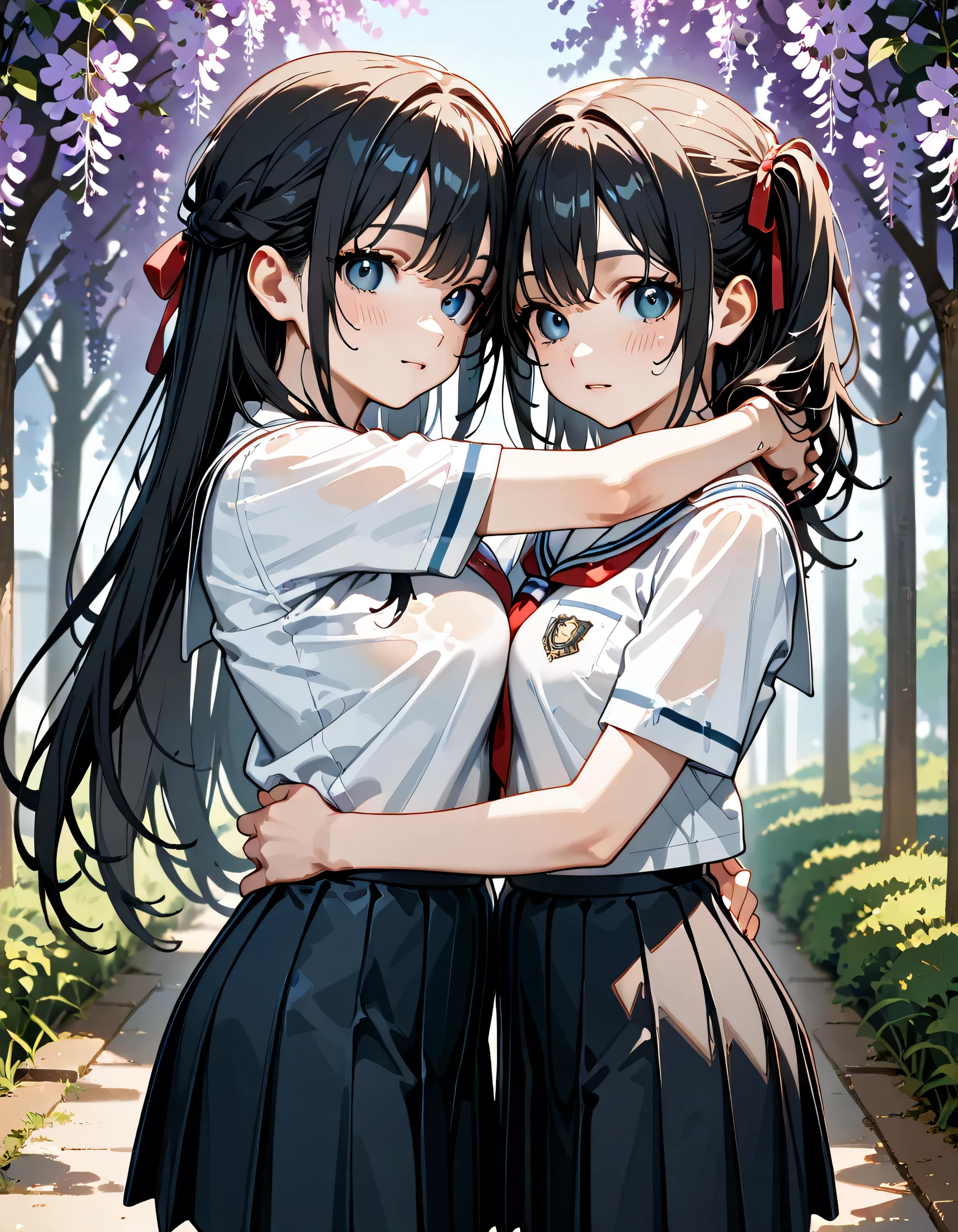 (score_9, score_8_up, score_7_up), source_Anime, absurd_res, white, blue, black, 2girls, duo, upper body, super fine illustration, an extremely delicate and beautiful, best quality, masterpiece, 8K, spring setting, wisteria flowers, gentle breeze, sunlight filtering through trees, BREAK
left girl is(long silver hair:1.3, two side-up:1.2, blue eyes:1.2, hair ribbon with black, ample breasts, white sailor school uniform:1.3, red tie, black pleated skirt, wet clotch, wet body, ultra-beautiful girl), BREAK
right girl is(long black hair:1.3, half updo:1.3, brown eyes:1.2, wearing glasses:1.3, round eyewear:1.3, round_glasses22A:1.3, hair ribbon with light blue, ample breasts, white sailor school uniform:1.3, red tie, black pleated skirt, wet clotch, wet body, ultra-beautiful girl), BREAK
fluttering hair, blushing faces, surprised expression, embarrassed reaction, yuri:1.3, face-to-face:1.3 mutual hug:1.3, breast press:1.3, dynamic pose, soft fabric movement, fluttering petals, warm and bright atmosphere, soft lighting, delicate color palette, detailed clothing folds, flowing hair, lively spring vibe, highly detailed rendering, breathtaking composition,