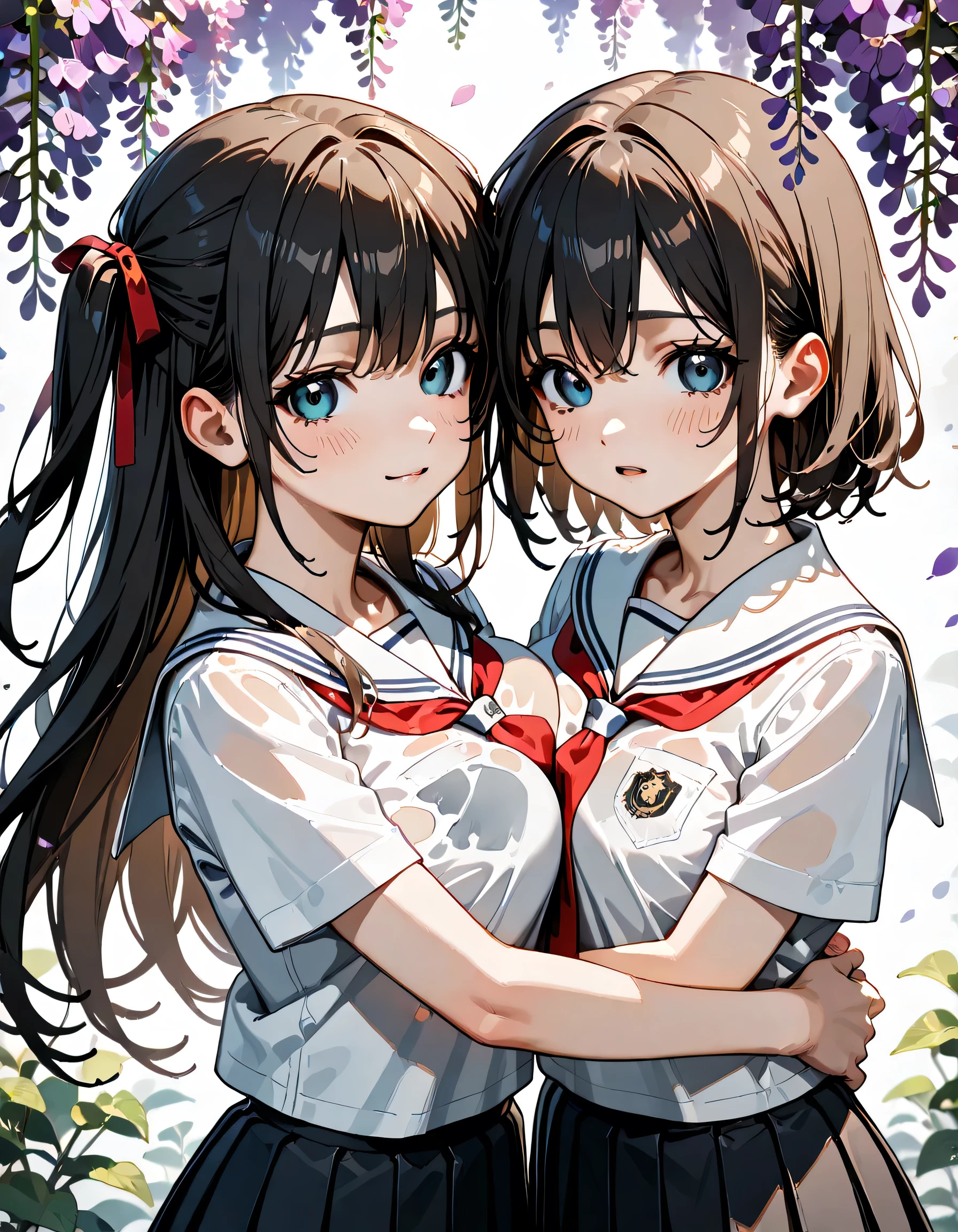 (score_9, score_8_up, score_7_up), source_Anime, absurd_res, white, blue, black, 2girls, duo, upper body, super fine illustration, an extremely delicate and beautiful, best quality, masterpiece, 8K, spring setting, wisteria flowers, gentle breeze, sunlight filtering through trees, BREAK
left girl is(long silver hair:1.3, two side-up:1.2, blue eyes:1.2, hair ribbon with black, ample breasts, white sailor school uniform:1.3, red tie, black pleated skirt, wet clotch, wet body, ultra-beautiful girl), BREAK
right girl is(long black hair:1.3, half updo:1.3, brown eyes:1.2, wearing glasses:1.3, round eyewear:1.3, round_glasses22A:1.3, hair ribbon with light blue, ample breasts, white sailor school uniform:1.3, red tie, black pleated skirt, wet clotch, wet body, ultra-beautiful girl), BREAK
fluttering hair, blushing faces, surprised expression, embarrassed reaction, yuri:1.3, face-to-face:1.3 mutual hug:1.3, breast press:1.3, dynamic pose, soft fabric movement, fluttering petals, warm and bright atmosphere, soft lighting, delicate color palette, detailed clothing folds, flowing hair, lively spring vibe, highly detailed rendering, breathtaking composition,