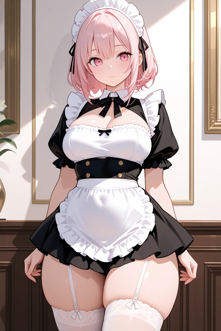 (masterpiece, best quality, 8k, highly detailed, highres, ultra-detailed, perfect eyes), 1girl, pink eyes, skinny body, pinku pawlette, short hair, ((maid uniform)), thighhighs, <lora:PinkuPawletteBS-06:0.8>, (cowboy shot)