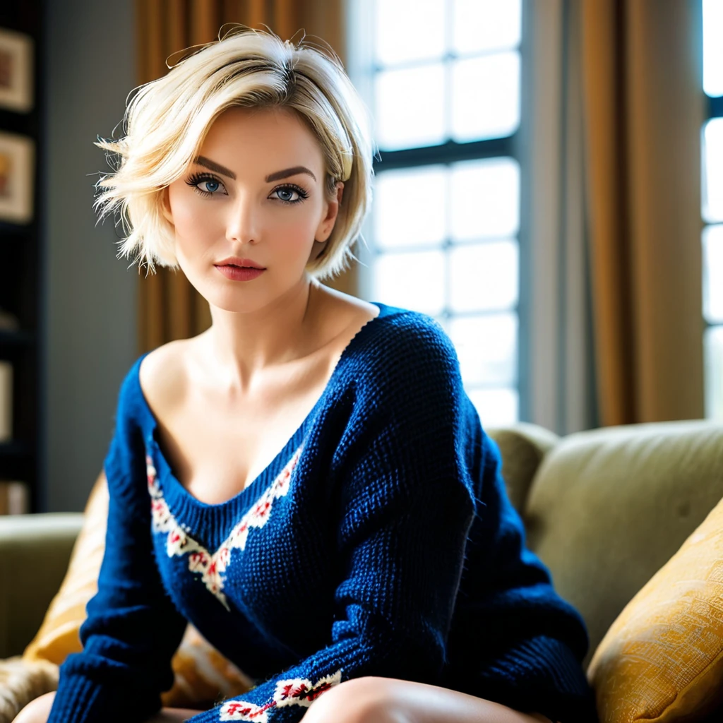 A mature woman lying on the couch, with big wavy blonde hair, porter des bretelles, silhouette dodue, traits délicats du visage, Quality&#39;realistic image, Une femme européenne, age 30 years, Surrealist