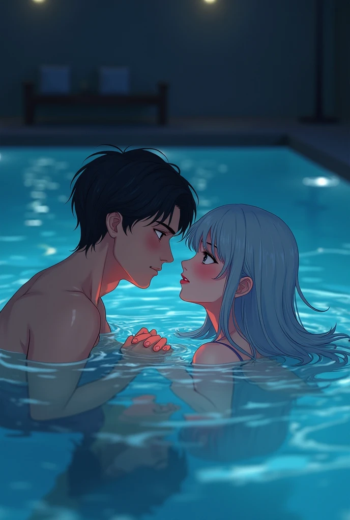 tied up naked Rei Ayanami from Neon Genesis Evangelion kissing shinji ikari in an indoor pool, night, moon, rape, indoor pool