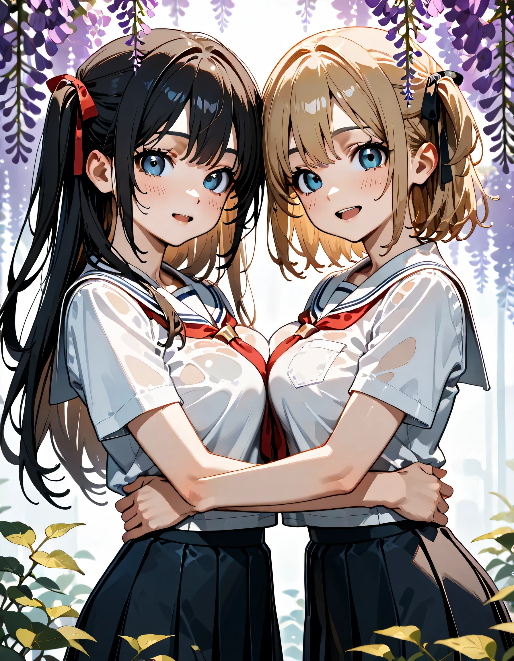(score_9, score_8_up, score_7_up), source_Anime, absurd_res, white, blue, black, 2girls, duo, upper body, super fine illustration, an extremely delicate and beautiful, best quality, masterpiece, 8K, spring setting, wisteria flowers, gentle breeze, sunlight filtering through trees, BREAK
left girl is(long silver hair:1.3, two side-up:1.2, blue eyes:1.2, hair ribbon with black, ample breasts, white sailor school uniform:1.3, red tie, black pleated skirt, wet clotch, wet body, ultra-beautiful girl), BREAK
right girl is(long black hair:1.3, half updo:1.3, brown eyes:1.2, wearing glasses:1.3, round eyewear:1.3, round_glasses22A:1.3, hair ribbon with light blue, ample breasts, white sailor school uniform:1.3, red tie, black pleated skirt, wet clotch, wet body, ultra-beautiful girl), BREAK
fluttering hair, blushing faces, surprised expression, embarrassed reaction, yuri:1.3, face-to-face:1.3 mutual hug:1.3, breast press:1.3, dynamic pose, soft fabric movement, fluttering petals, warm and bright atmosphere, soft lighting, delicate color palette, detailed clothing folds, flowing hair, lively spring vibe, highly detailed rendering, breathtaking composition,