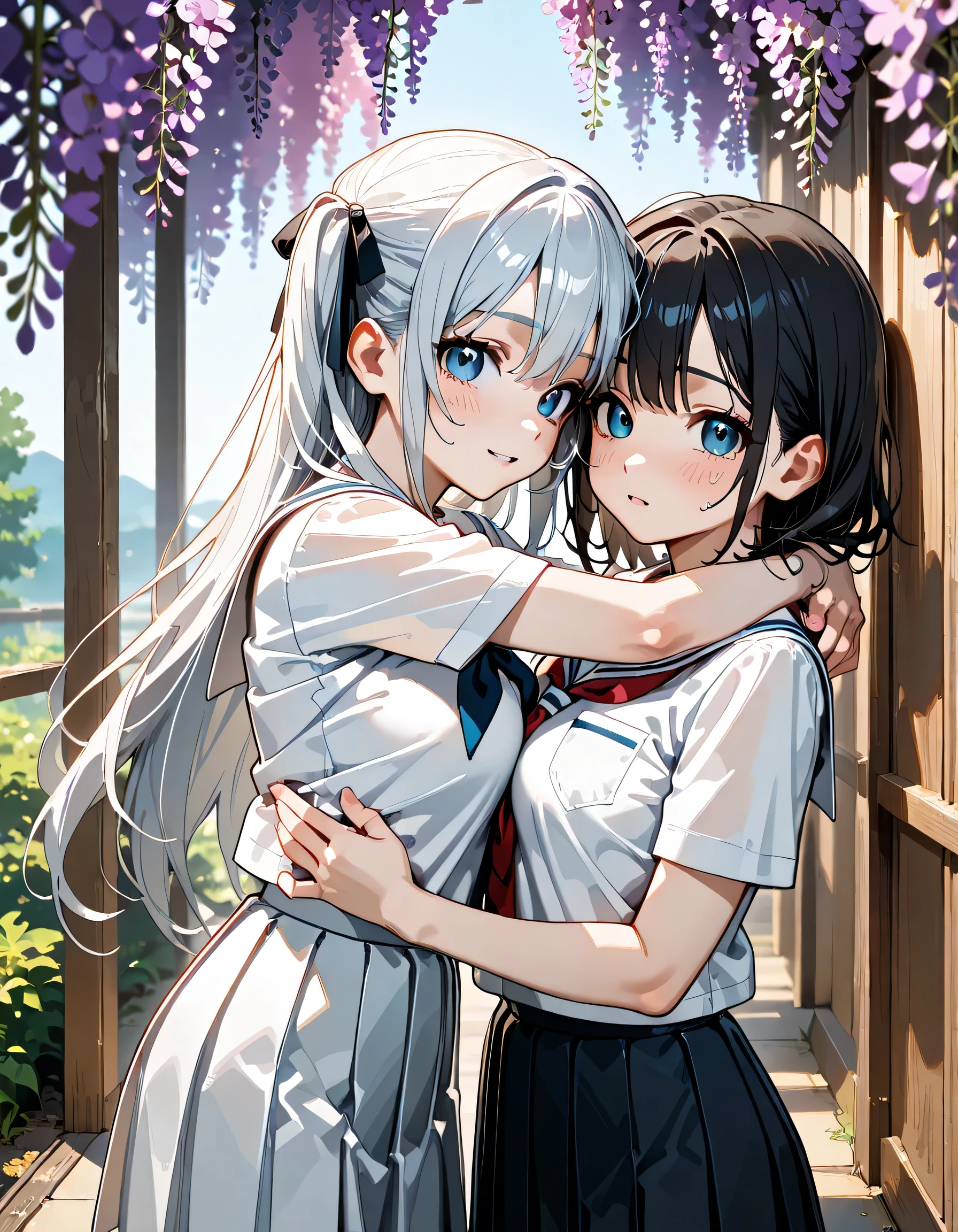(score_9, score_8_up, score_7_up), source_Anime, absurd_res, white, blue, black, 2girls, duo, upper body, super fine illustration, an extremely delicate and beautiful, best quality, masterpiece, 8K, spring setting, wisteria flowers, gentle breeze, sunlight filtering through trees, BREAK
left girl is(long silver hair:1.3, two side-up:1.2, blue eyes:1.2, hair ribbon with black, ample breasts, white sailor school uniform:1.3, red tie, black pleated skirt, wet clotch, wet body, ultra-beautiful girl), BREAK
right girl is(long black hair:1.3, half updo:1.3, brown eyes:1.2, wearing glasses:1.3, round eyewear:1.3, round_glasses22A:1.3, hair ribbon with light blue, ample breasts, white sailor school uniform:1.3, red tie, black pleated skirt, wet clotch, wet body, ultra-beautiful girl), BREAK
fluttering hair, blushing faces, surprised expression, embarrassed reaction, yuri:1.3, face-to-face:1.3 mutual hug:1.3, breast press:1.3, dynamic pose, soft fabric movement, fluttering petals, warm and bright atmosphere, soft lighting, delicate color palette, detailed clothing folds, flowing hair, lively spring vibe, highly detailed rendering, breathtaking composition,