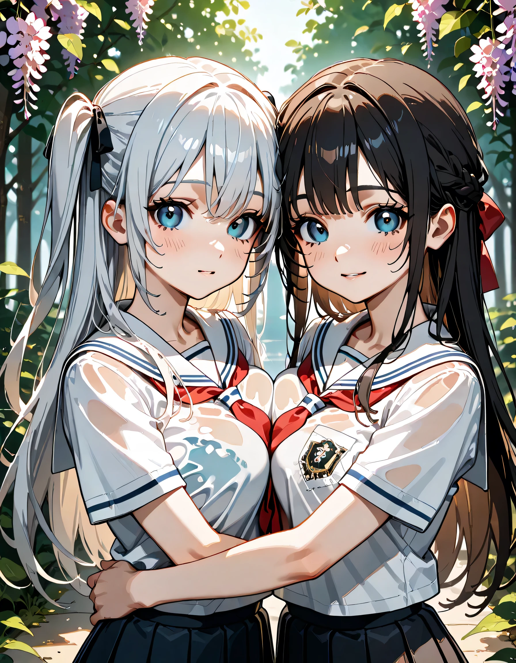 (score_9, score_8_up, score_7_up), source_Anime, absurd_res, white, blue, black, 2girls, duo, upper body, super fine illustration, an extremely delicate and beautiful, best quality, masterpiece, 8K, spring setting, wisteria flowers, gentle breeze, sunlight filtering through trees, BREAK
left girl is(long silver hair:1.3, two side-up:1.2, blue eyes:1.2, hair ribbon with black, ample breasts, white sailor school uniform:1.3, red tie, black pleated skirt, wet clotch, wet body, ultra-beautiful girl), BREAK
right girl is(long black hair:1.3, half updo:1.3, brown eyes:1.2, wearing glasses:1.3, round eyewear:1.3, round_glasses22A:1.3, hair ribbon with light blue, ample breasts, white sailor school uniform:1.3, red tie, black pleated skirt, wet clotch, wet body, ultra-beautiful girl), BREAK
fluttering hair, blushing faces, surprised expression, embarrassed reaction, yuri:1.3, face-to-face:1.3 mutual hug:1.3, breast press:1.3, dynamic pose, soft fabric movement, fluttering petals, warm and bright atmosphere, soft lighting, delicate color palette, detailed clothing folds, flowing hair, lively spring vibe, highly detailed rendering, breathtaking composition,