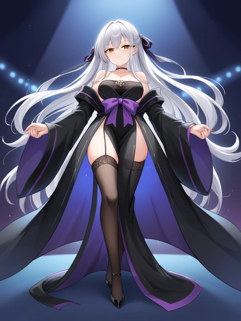 (Girl in purple wet satin fur kimono shirt-dress and light gray tight pleated slim skirt), (((black)) stockings), decollete, see-through, cute, zettai ryouiki, white hair, bue eyes, full body, bra, slim body, slim girl model, 24-year-old female model, lying on table, ((wet)), (((standing nipples under cloth))), portrait, most realistic, highest quality, best pixels, 8k ultra