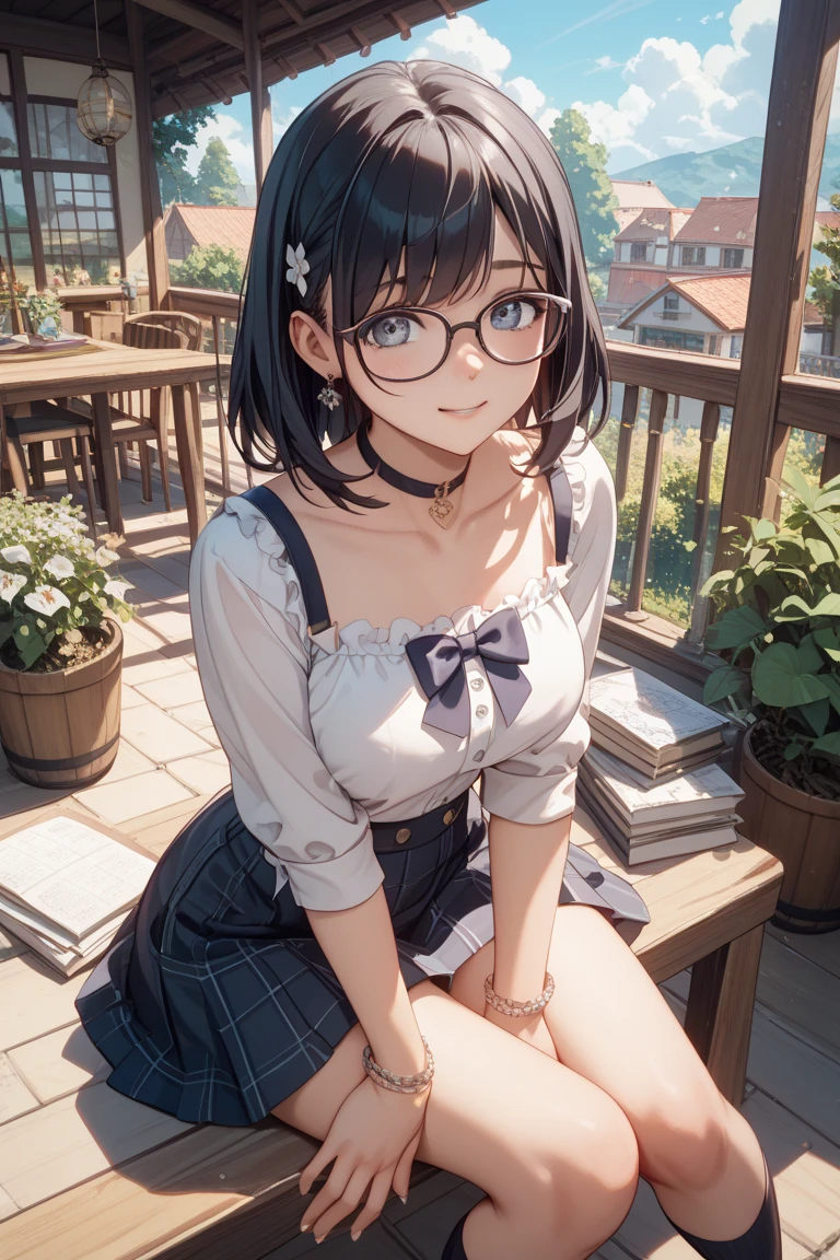 1girl, masterpiece, best quality, ultra detail, short straight black hair, pink lips, blue eyes, red cheek, looking at viewer, young, medium breasts, glasses, cleavage, 5 fingers cute smile, joyful, indoor location, eye glasses