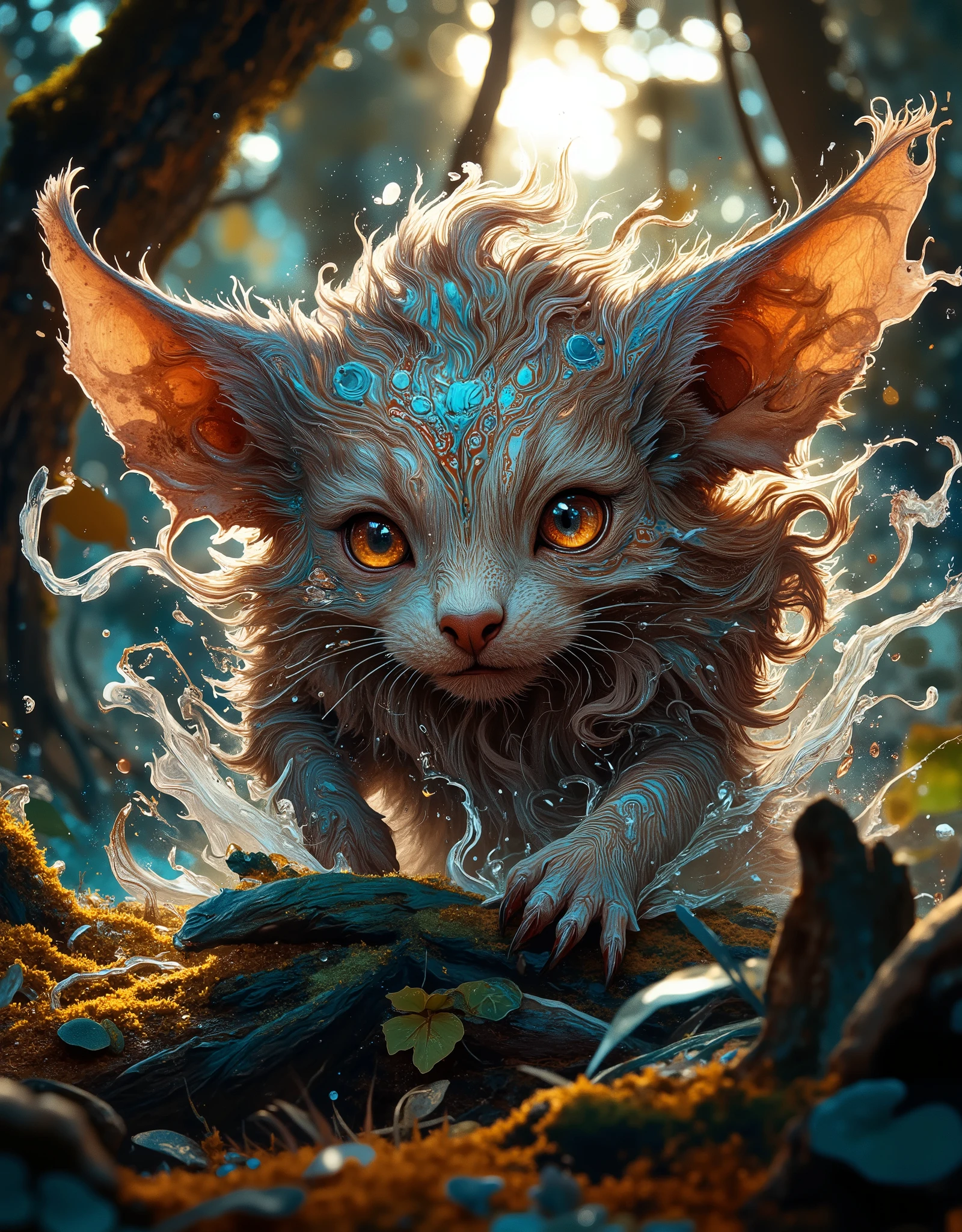 In the midst of movement, close-up, this creature is worth looking at, a fantastically mythical familiar, Its fur is soft, a cloud-like substance that seems to shimmer in the sun, each hair has its own shade of graphite brown, creating a mosaic of texture and depth, the animal's eyes are large and expressive, deep an amber hue, with luminous veins that seem to hold the secrets of the forest, his nose, dark and moist, twitches as he sniffs the air, absorbing the surrounding smells., large, thin, sensitive ears turned to danger, blue veins are visible in the light, thick silver vibrations form a luminous glow when it moves, its fur gently sways, creating a light breeze that simultaneously soothes and invigorates, in general, this animal radiates mystery and charm, attracting you with its fluffiness, Wild Beauty, dynamic shot of a moving mythical forest beast, low viewing angle, Dutch pose, accent lights falling from the front and back, digitally stylized art, surrealism and hyperdetalization, attention to the smallest details,