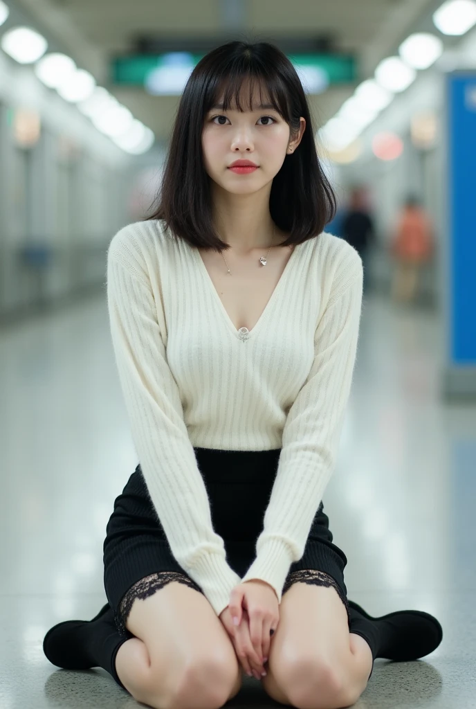 (SFW:1.5), 1 Female, Age 20, ((Highest quality)), ((masterpiece)), (detailed), One girl, sexy, Pink sheen, one piece, Japanese, Standing posture, Short Hair, Black Stockings, Black Hair, ((Shiny pink string panties)),