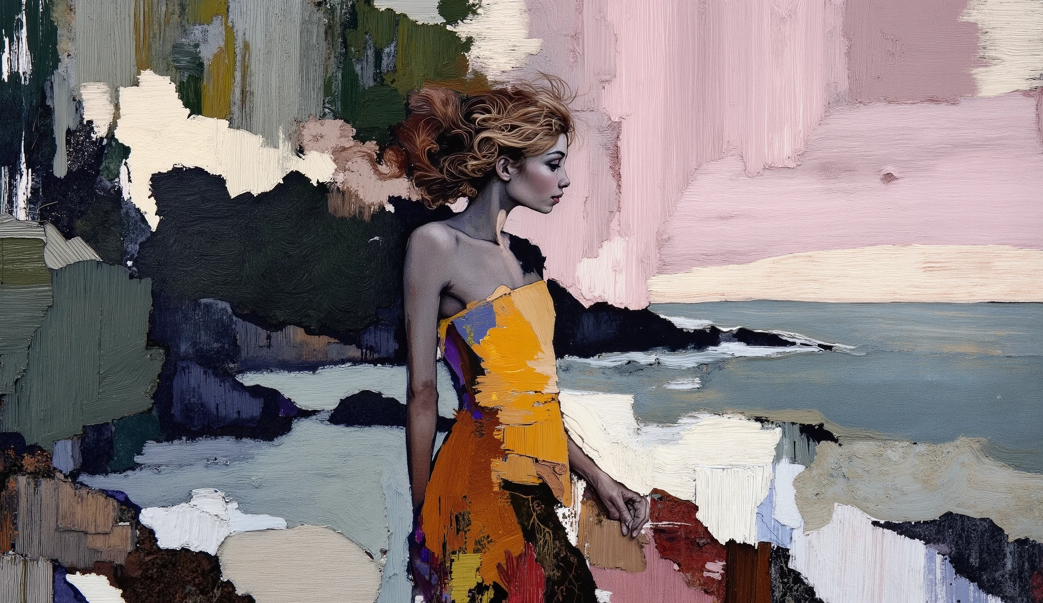 fashion illustration, illustration, fantasia surreal, Beautiful girl with long wavy hair walks using summer dress, in Rio de Janeiro, Redentor, color palette Button Black Chocolate, Army Green, Palm Leaf, Copper (Crayola), Dark Pastel Rede, morning, volumetric lights, , acrylic, fashion illustration.