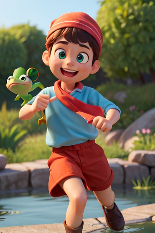 A Jornada dos Pequenos Exploradores: a happy little boy sitting on the floor, na floresta, com uma pequena mochila azul nas costas, blusa amarela, bermuda preta, bota de trilha azul, estilo Pixar, Disney, melhor qualidade, riqueza de detalhes.