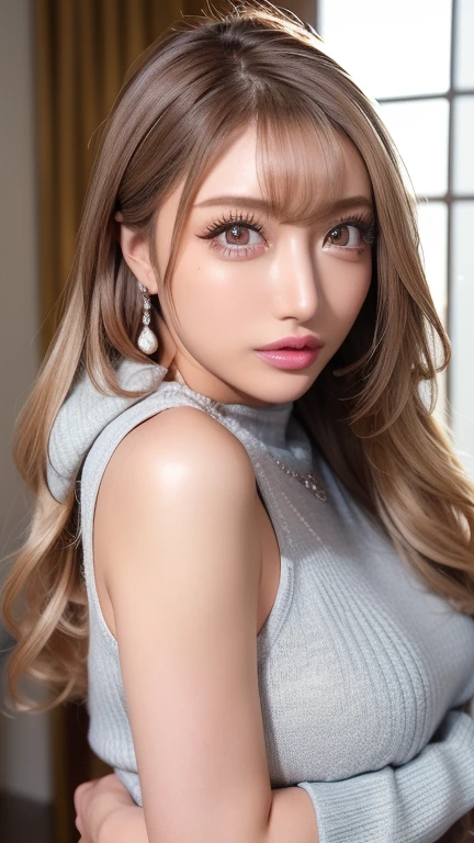Very detailed, beautiful, highest quality, Professionally taken photos, Like a poster, detailed beautiful round eyes, beautiful detailed face, Whole Body Ezbian, Medium Long Hair, Casual Hairstyles, (Random color hair, Golden mesh), Big eyes, Random color eyes, Long eyelashes, Thick mascara, Dark eyeliner, (Huge breasts), (Bust about to burst:1.45), Wide selection, Thick waist), (Wide Hips:1.4, Toned thighs, Body Curves), 40 years old, woman, (White tight dress, white), Perfect Face, Perfect body, Sexy pose, (A shy smile), Random Location, nature, (alone), The light on my face,