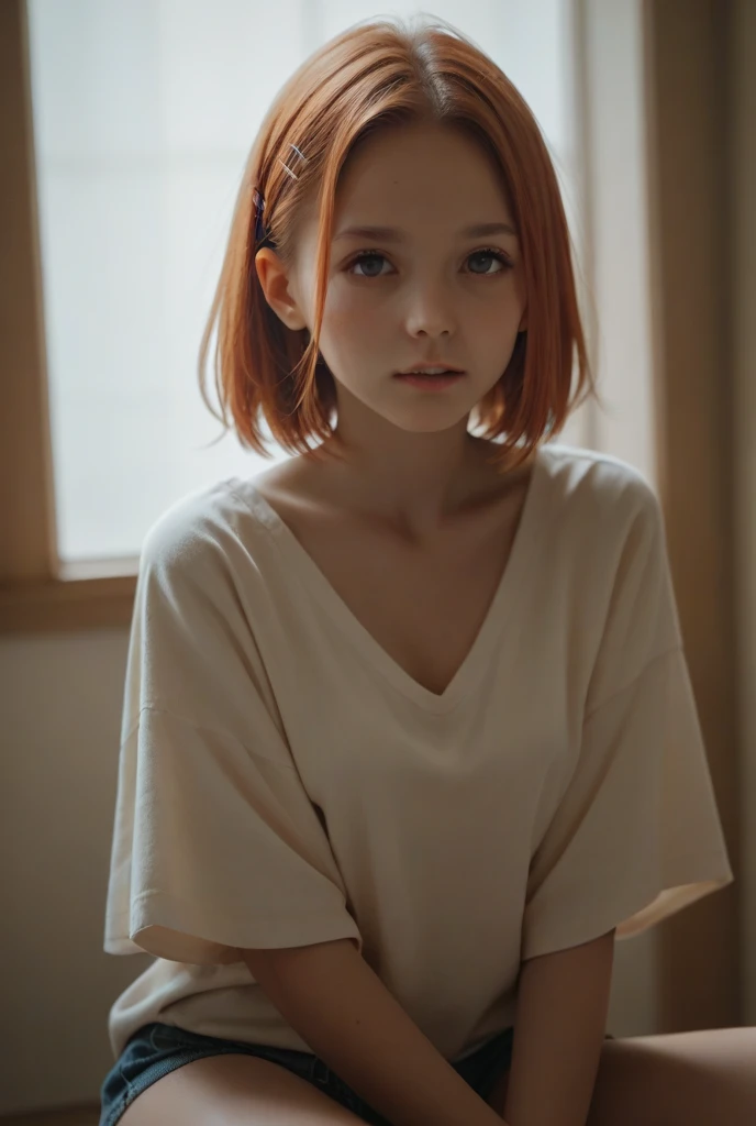 A ten year old girl, redhead, with short curly hair and green eyes, rear