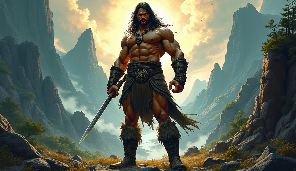 A muscular man with a beard and long black hair, Very long beard and tied hair, angry, the skin of a lion is tense, he has an ax in his hand, he is angry, it is raining and a storm is falling, and there is a broken sword on his back, a muscular man with a grim pose, a beautiful and fierce face, like a villain, his eyes are red is, high quality, masterpiece --auto