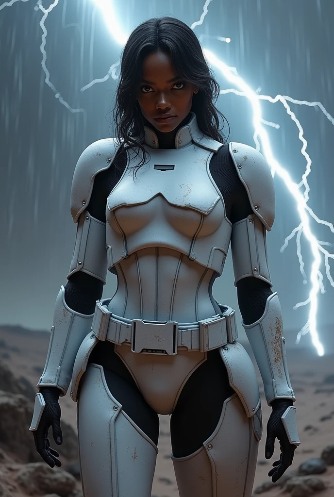 Negro, cabelo afro,corpo musculoso, feature would be, rosto com cicatriz,armadura medieval, espada futuristica, anime,high resolution, ajoelhado, space war scenario , espada de fogo, spaceships around,mulher,