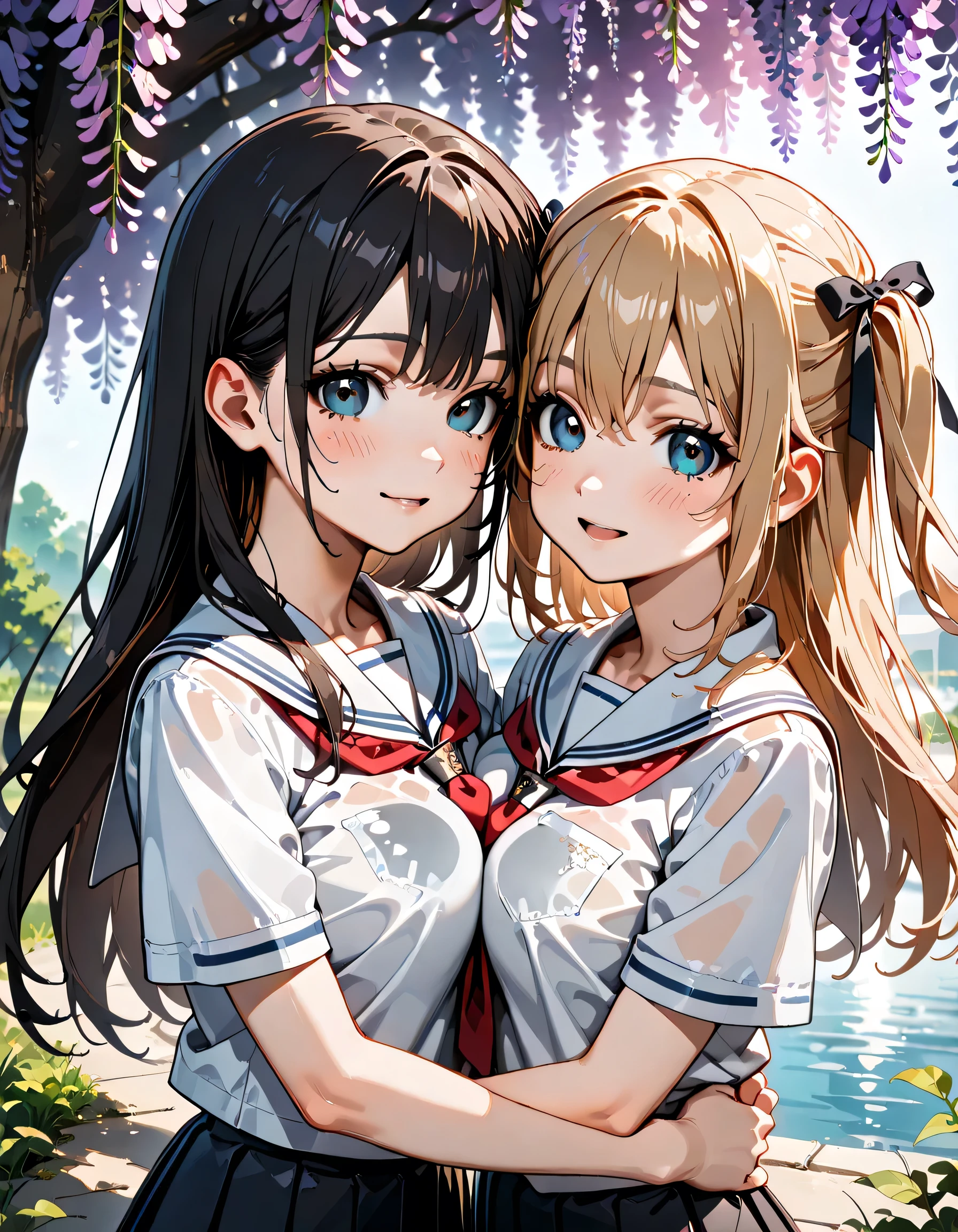 (score_9, score_8_up, score_7_up), source_Anime, absurd_res, white, blue, black, 2girls, duo, multiple girls, upper body, super fine illustration, an extremely delicate and beautiful, best quality, masterpiece, 8K, spring setting, wisteria flowers, gentle breeze, sunlight filtering through trees, BREAK
left girl is(long silver hair:1.3, two side-up:1.2, blue eyes:1.2, hair ribbon with black, ample breasts, white sailor school uniform:1.3, red tie, black pleated skirt, wet clotch, wet body, ultra-beautiful girl), BREAK
right girl is(long black hair:1.3, half updo:1.3, brown eyes, wearing glasses:1.3, round eyewear:1.3, round_glasses22A:1.3, hair ribbon with light blue, ample breasts, white sailor school uniform:1.3, red tie, black pleated skirt, wet clotch, wet body, ultra-beautiful girl), BREAK
fluttering hair, blushing faces, surprised expression, embarrassed reaction, yuri:1.3, lesbian foreplay:1.3, looking at each other:1.3, face-to-face:1.3 mutual hug:1.3, breast press:1.3, dynamic pose, soft fabric movement, fluttering petals, warm and bright atmosphere, soft lighting, delicate color palette, detailed clothing folds, flowing hair, lively spring vibe, highly detailed rendering, breathtaking composition,