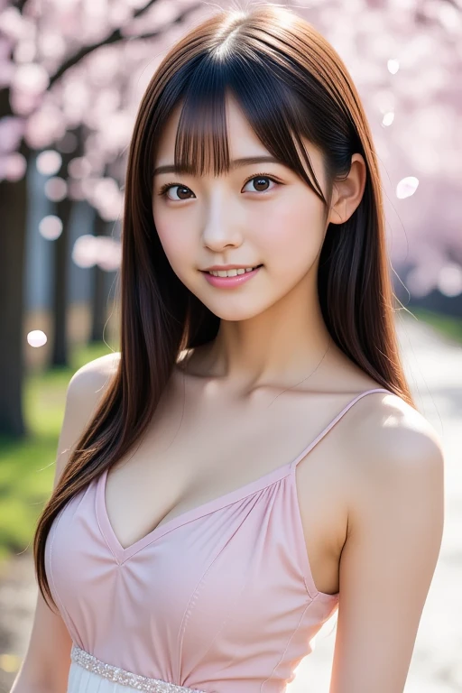 Masterpiece, Best quality, 8k, 18 ans, Photo brute, absurdes, Award-winning portrait, sourire, sourire, pure, french, pink dress, spring, , orchard in bloom, German, lingerie