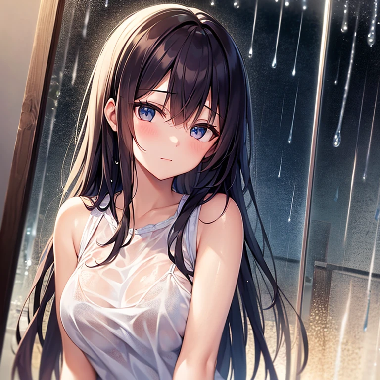 (2.5d anime,best quality, masterpiece, high resolution),cowboy shot,1woman,25 year old beauty,black hair,long hair,blunt bangs,black eyes,gorgeous eyes,shy,White tight tank top、Light grey sweat shortedium breasts,(skinny,slender body),gleaming skin,oily skin,Simple bedroom、Side lighting, oily skin, 8K Ultra HD, Soft Light, high quality, high resolution, 8K,