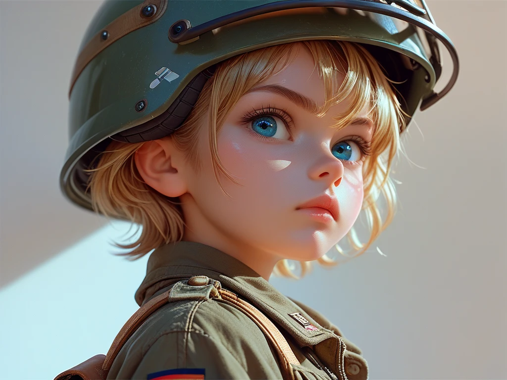 High resolution,high quality,Perfect body,Perfect Face,Perfect Fingers,Beautiful Skin,1girl,A girl sits leaning against the caterpillar tracks of a tank,Camouflage colored helmet,Large camouflage clothing,A big gun beside him,
