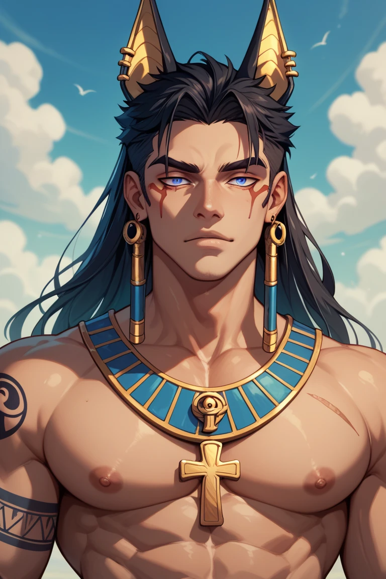 Male, dog person, blue, black, gold, tribal tattoos, fluffy dog tail, fluffy dog ears, very long hair, tribal clothes, dark blue hair, tan skin, gold eyes, tribal jewelry, wavy hair, thick hair, thick fur, slender, Aztec, Egyptian, Arabian, lots of jewelry, loin cloth, loose robe, draped fabric, colorful tattoos, lots of tattoos, braids, forest, clean shaven, big fluffy tail