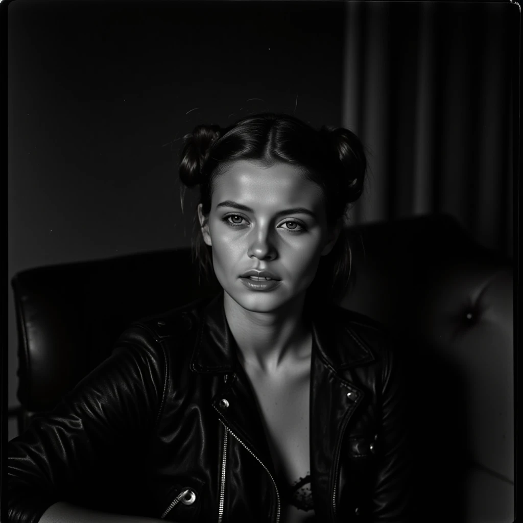 The enigmatic French bohemian diva, Ditta Vonâge, unveils her dark side in an evocative black and white boudoir photoshoot. Captured in stunning HD Polaroid style, Ditta embodies savage beauty and rebellious elegance. Her poetic symmetry and striking tattoos are revealed as she poses in black lace lingerie, a gritty biker jacket, and fishnet stockings. Her boho-chic hair, styled in twin buns, and her hypnotic gaze create a captivating, mysterious aura.(“orgasm in ecstacy+”)
Seated on a vintage leather Chesterfield in a low-lit, cinematic room, Ditta’s gothic noir presence is palpable. Her parted lips and direct stare seduce the viewer, while her flawless, surreal beauty is both sacred and forbidden. This iconic shoot draws inspiration from masters like Marco Tenaglia, Helmut Newton, and Irving Penn, blending fetish boudoir with analog avant-garde style, shot on moody Cinestill Double-X film.
The atmosphere is rich with shadow and sensuality, exploring dark intimacy and raw emotion. Ditta’s bold, fearless sensuality and playful provocation are on full display. This is a rare, immersive portrait of broody, smouldering beauty—timeless, mischievous, and dangerously enchanting. The result is a highly detailed, analog dream: a moody, silver gelatin masterpiece of bohemian eroticism.