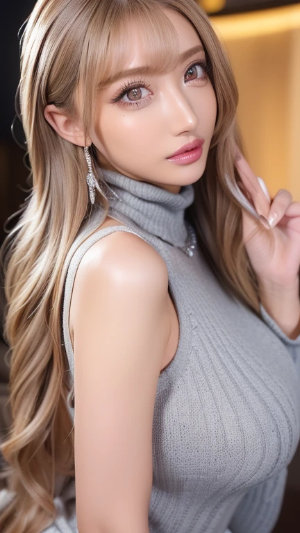 1girl,(wearing a sleeveless turtleneck sweater:1.4),(RAW photo, best quality), (realistic, photo-realistic:1.4), masterpiece, an extremely delicate and beautiful, extremely detailed, 2k wallpaper, Amazing, finely detail, extremely detailed CG unity 8k wallpaper, ultra-detailed, highres, soft light, beautiful detailed girl, extremely detailed eyes and face, beautiful detailed nose, beautiful detailed eyes,cinematic lighting,autumn scenery,maple trees in autumn,outdoor,sunlight,perfect anatomy,slender body, <lora:yunocy_lora:0.8>,wavy hair,lipstick,gray hair