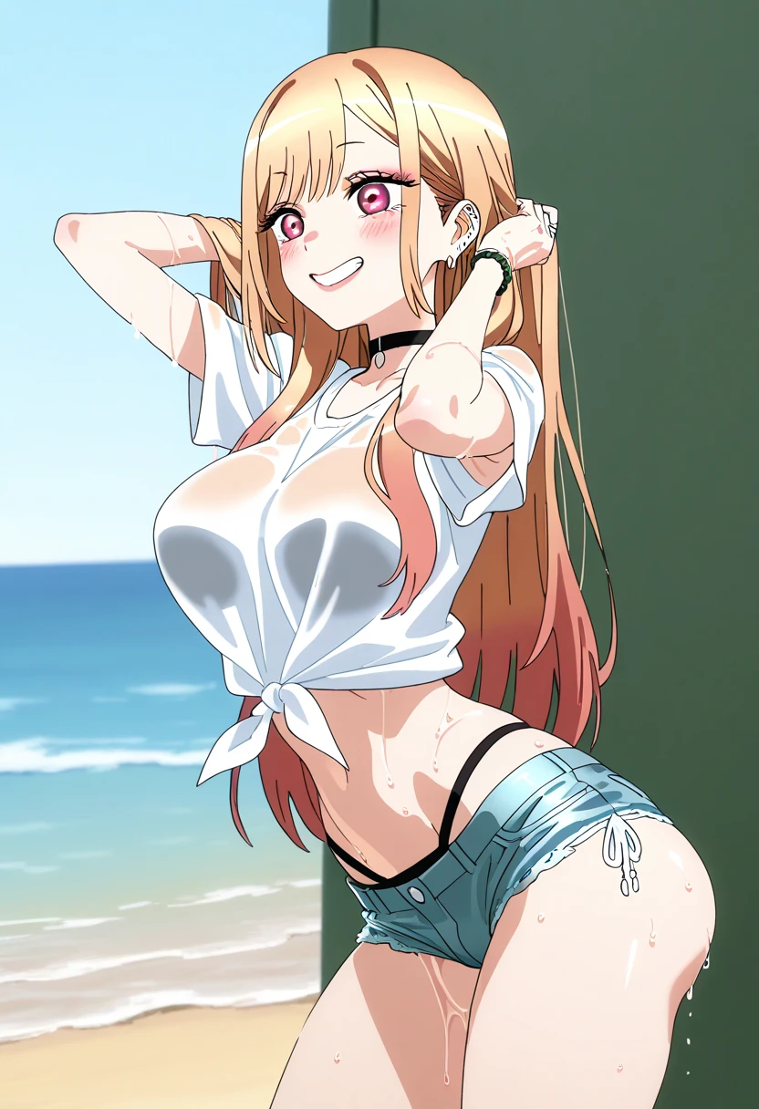 Kitagawa Marin, pelo rubio puntas rosas, ojos rosas, gran detalle, topless, microbikini de una sola pieza, ajustado, en la playa