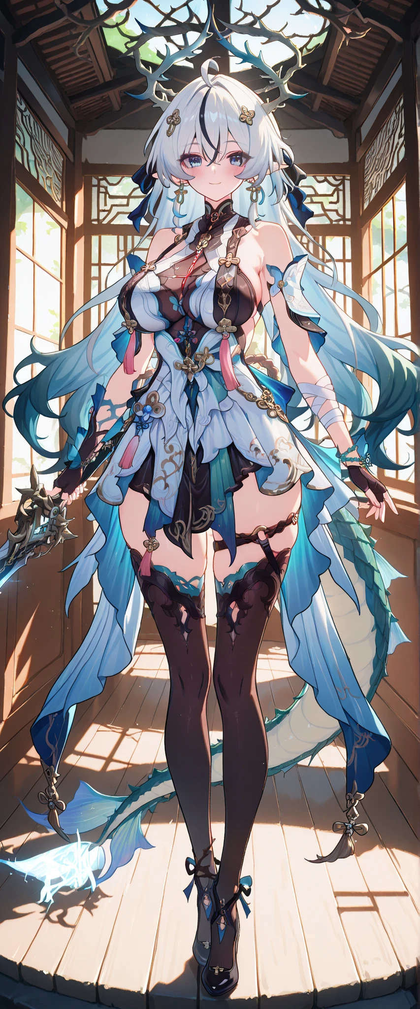 Fullbody, head to toe, score_9, score_8_up, score_7_up, source_anime, highly detailed figure,ohwx, 1girl, solo, black_hair, breasts, cyan blue eyes, hair_ornament, large_breasts, long_hair, honkai dress style, ponty ears, hairclip, jewelry, earrings, ribbon, long white hair with blue and pink gradient, ahoge, big_breasts, long legs, multicolored_hair, long sleeve dress, hair_ribbon, bare_shoulders, gloves, sleeveless, black_gloves, sideboob dress, fingerless_gloves, thighhighs, cleavage, cute detailed dress, white dress, black_thighhighs, thigh_strap, cute honkai dress style, bandages, standing upright, light smile, closed mouth, shiny skin, blush, tight clothes, window boob dress, sunlight, cute japanese background, pelvic curtain, front angle, close-up, Wuthering Waves design, reference-sheet, magic and glowing halo of thorns, showing feet long mermaid tail dress design, big dragon tail, long blue-green horns with gold patterns, holding a giant and cute sword, Anime sprite, chinese dress style with alot of layers and details, gold, blue and pink patterns in the dress and accessories, sexy adult woman design.