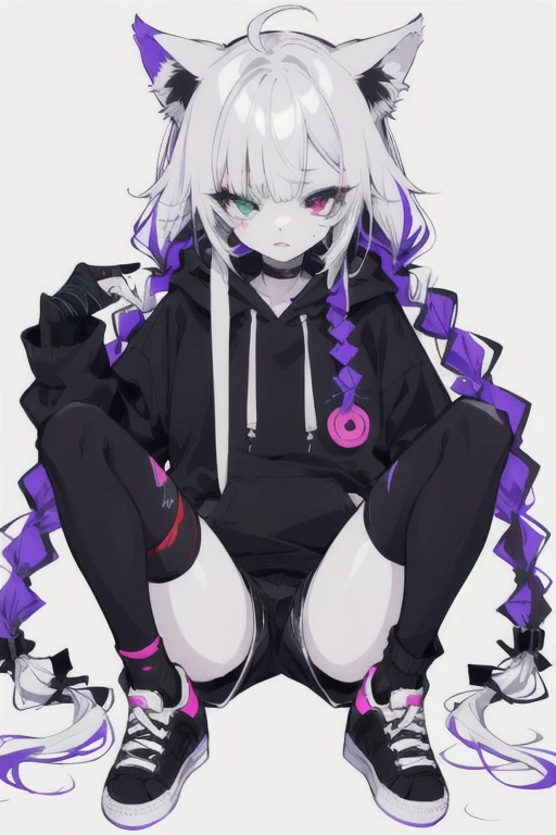 Girl with long thin purple hair, White Skin Skin, Vysokoch, Skinny, beatiful face, sharp facial features, little chest, in a skirt and top, black panties, white sneakers, Squatting, spreads the legs