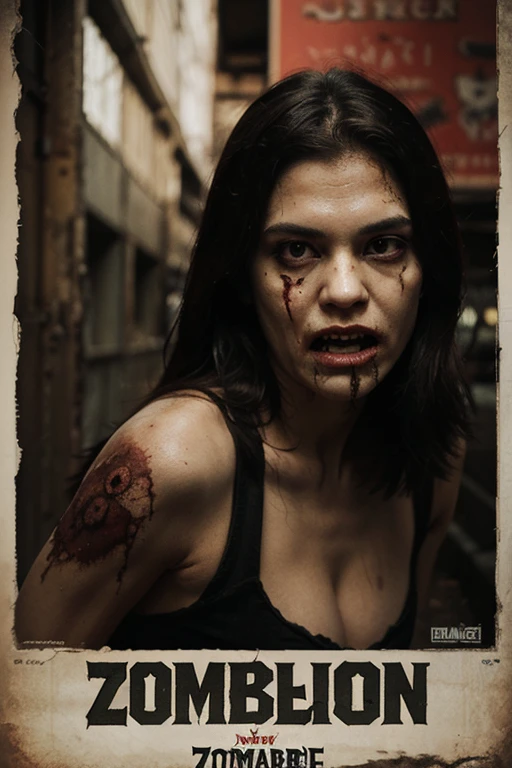 sexy latina girl, realista, talla de busto M, Cosplay de zombis, photographic, escalofriante, colores oscuros, dramatic lighting