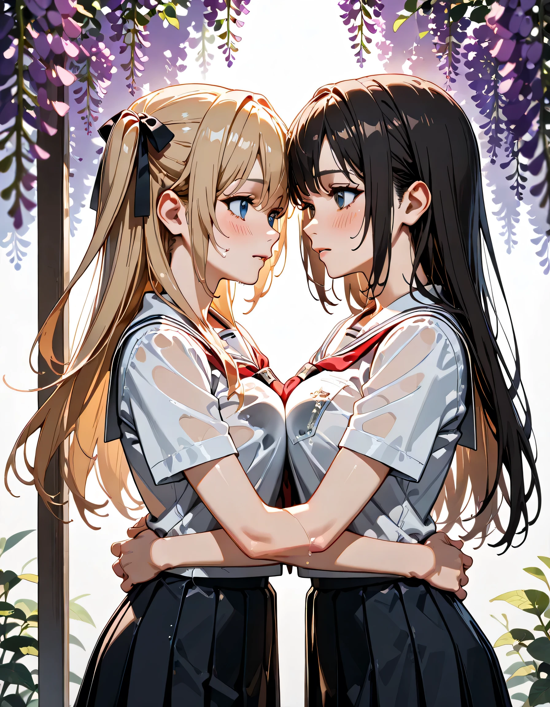 (score_9, score_8_up, score_7_up), source_Anime, absurd_res, white, blue, black, 2girls, duo, multiple girls, upper body, super fine illustration, an extremely delicate and beautiful, best quality, masterpiece, 8K, spring setting, wisteria flowers, gentle breeze, sunlight filtering through trees, BREAK
left girl is(long silver hair:1.3, two side-up:1.2, blue eyes:1.2, hair ribbon with black, ample breasts, white sailor school uniform:1.3, red tie, black pleated skirt, wet clotch, wet body, ultra-beautiful girl), BREAK
right girl is(long black hair:1.3, half updo:1.3, brown eyes, wearing glasses:1.3, round eyewear:1.3, round_glasses22A:1.3, hair ribbon with light blue, ample breasts, white sailor school uniform:1.3, red tie, black pleated skirt, wet clotch, wet body, ultra-beautiful girl), BREAK
fluttering hair, blushing faces, surprised expression, embarrassed reaction, yuri:1.3, lesbian foreplay:1.3, looking at each other:1.3, face-to-face:1.3 mutual hug:1.3, breast press:1.3, dynamic pose, soft fabric movement, fluttering petals, warm and bright atmosphere, soft lighting, delicate color palette, detailed clothing folds, flowing hair, lively spring vibe, highly detailed rendering, breathtaking composition,