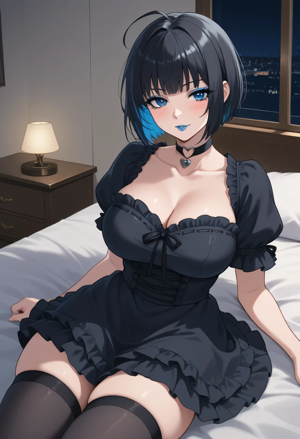 score_9, score_8_up, source_anime BREAK solo, 1girl, looking at viewer, cowboy shot, tomboy, black hair, bob cut, multicolored hair, black hair, blue hair, choker, ahoge, short hair, makeup, gothic, heart choker, black dress, puffy short sleeves, collarbone, ribbon, black ribbon, black skirt, frills, ribbon trim, mature female, thick thighhighs, large breasts, skindentation, lips, makeup, blush, blue lips, lipstick, blue mascara, bored, smile, bedroom, bed, dimly lit, night, on bed, reclining, CLEAVAGE, large breasts, big breasts,