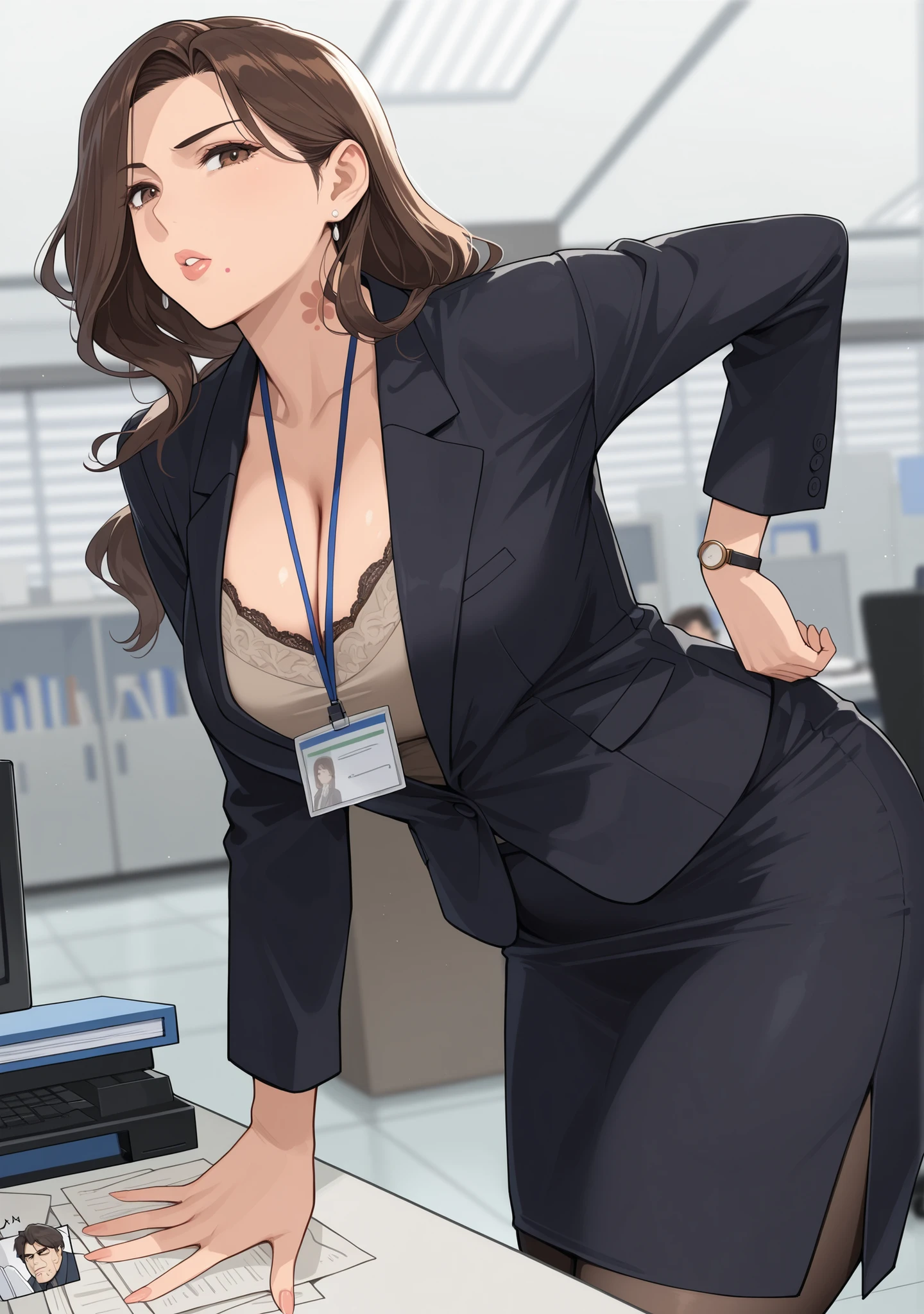 mature female, long brown hair, brown eyes, boss, work outfit, short skirt, cleavage, big breasts, thick thighs, papers, office, beauty mark on chin