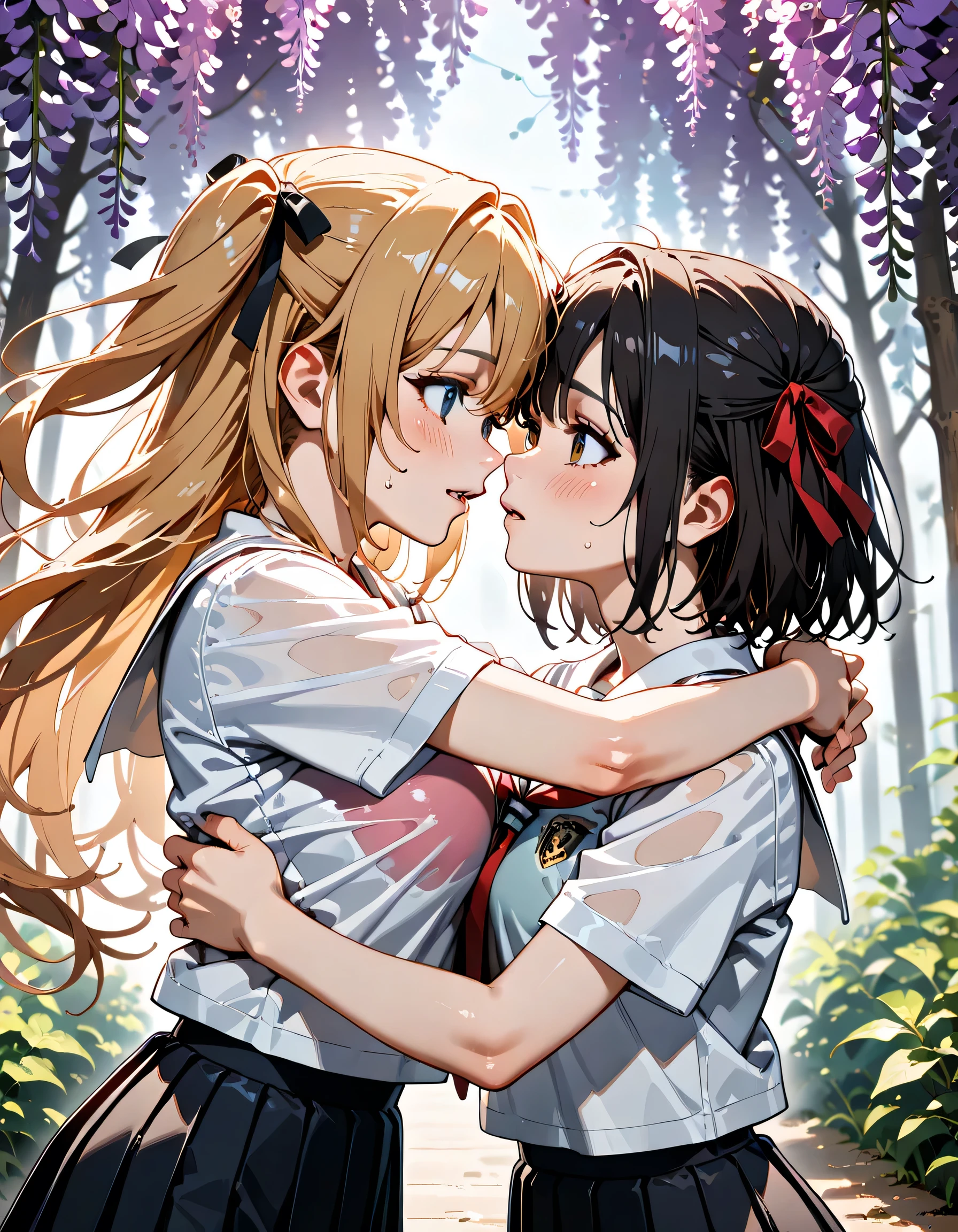 (score_9, score_8_up, score_7_up), source_Anime, absurd_res, white, blue, black, 2girls, duo, multiple girls, upper body, super fine illustration, an extremely delicate and beautiful, best quality, masterpiece, 8K, spring setting, wisteria flowers, gentle breeze, sunlight filtering through trees, BREAK
left girl is(long silver hair:1.3, two side-up:1.2, blue eyes:1.2, hair ribbon with black, ample breasts, white sailor school uniform:1.3, red tie, black pleated skirt, wet clotch, wet body, ultra-beautiful girl), BREAK
right girl is(long black hair:1.3, half updo:1.3, brown eyes, wearing glasses:1.3, round eyewear:1.3, round_glasses22A:1.3, hair ribbon with light blue, ample breasts, white sailor school uniform:1.3, red tie, black pleated skirt, wet clotch, wet body, ultra-beautiful girl), BREAK
fluttering hair, blushing faces, surprised expression, embarrassed reaction, yuri:1.3, lesbian foreplay:1.3, looking at each other:1.3, face-to-face:1.3 mutual hug:1.3, breast press:1.3, dynamic pose, soft fabric movement, fluttering petals, warm and bright atmosphere, soft lighting, delicate color palette, detailed clothing folds, flowing hair, lively spring vibe, highly detailed rendering, breathtaking composition,