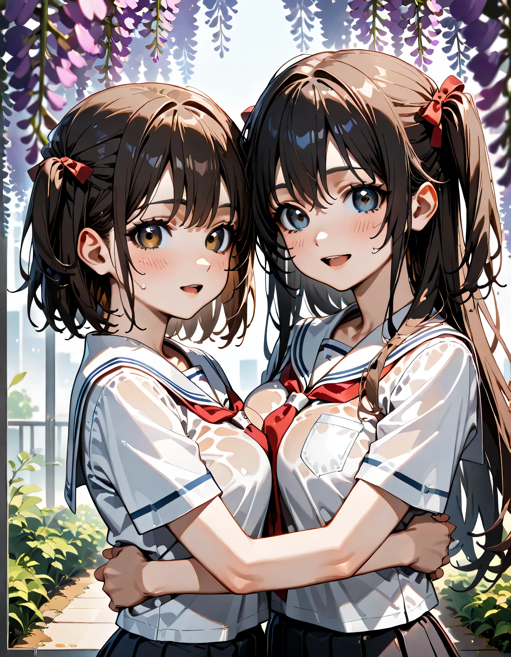 (score_9, score_8_up, score_7_up), source_Anime, absurd_res, white, blue, black, 2girls, duo, multiple girls, upper body, super fine illustration, an extremely delicate and beautiful, best quality, masterpiece, 8K, spring setting, wisteria flowers, gentle breeze, sunlight filtering through trees, BREAK
left girl is(long silver hair:1.3, two side-up:1.2, blue eyes:1.2, hair ribbon with black, ample breasts, white sailor school uniform:1.3, red tie, black pleated skirt, wet clotch, wet body, ultra-beautiful girl), BREAK
right girl is(long black hair:1.3, half updo:1.3, brown eyes, wearing glasses:1.3, round eyewear:1.3, round_glasses22A:1.3, hair ribbon with light blue, ample breasts, white sailor school uniform:1.3, red tie, black pleated skirt, wet clotch, wet body, ultra-beautiful girl), BREAK
fluttering hair, blushing faces, surprised expression, embarrassed reaction, yuri:1.3, lesbian foreplay:1.3, looking at each other:1.3, face-to-face:1.3 mutual hug:1.3, breast press:1.3, dynamic pose, soft fabric movement, fluttering petals, warm and bright atmosphere, soft lighting, delicate color palette, detailed clothing folds, flowing hair, lively spring vibe, highly detailed rendering, breathtaking composition,