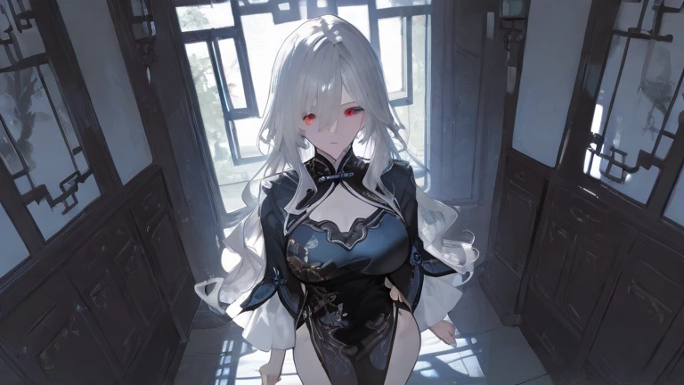 top-quality、Realistic、bule、large full breasts、Super huge、big eye、long lashes、Long upper eyelashes、voluminous eyelashes、Platinum Blonde Hair、Voluminous long hair、blue eyes、cute little、Extraordinary beauty、shining white skin、thin arm、thin-waist、tight black dress、holding a katana、A smile、Flushed cheeks、Room with no lights、Sunlight shining through gaps、Eyes are hearts