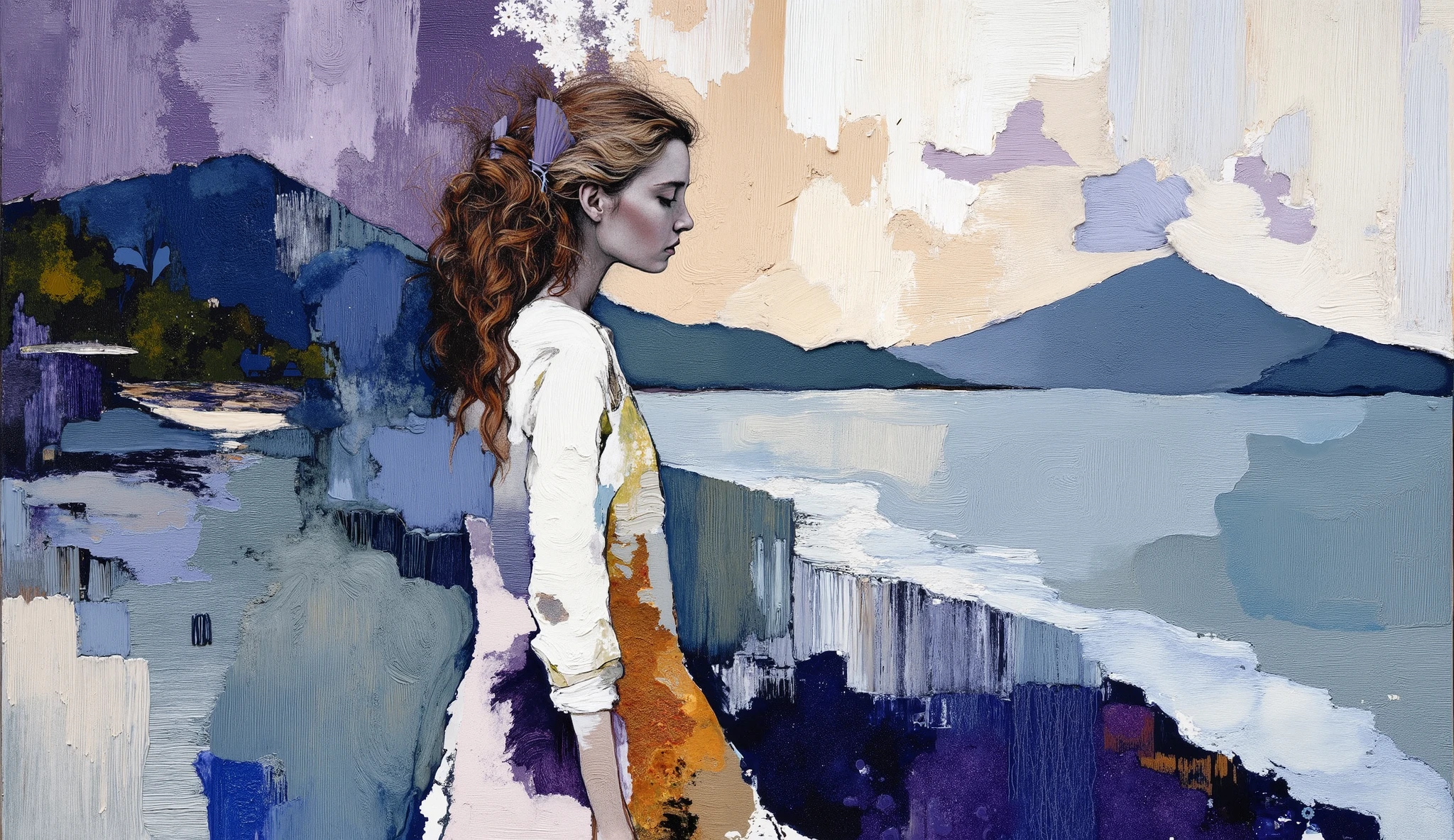 fashion illustration, illustration, fantasia surreal, Beautiful girl with long wavy hair walks using summer dress, in Rio de Janeiro, Redentor, color palette Amaranth Purple, Cadet Blue (Crayola), Azureish White, Teal Blue, Morning Blue. morning, volumetric lights, , acrylic, fashion illustration.